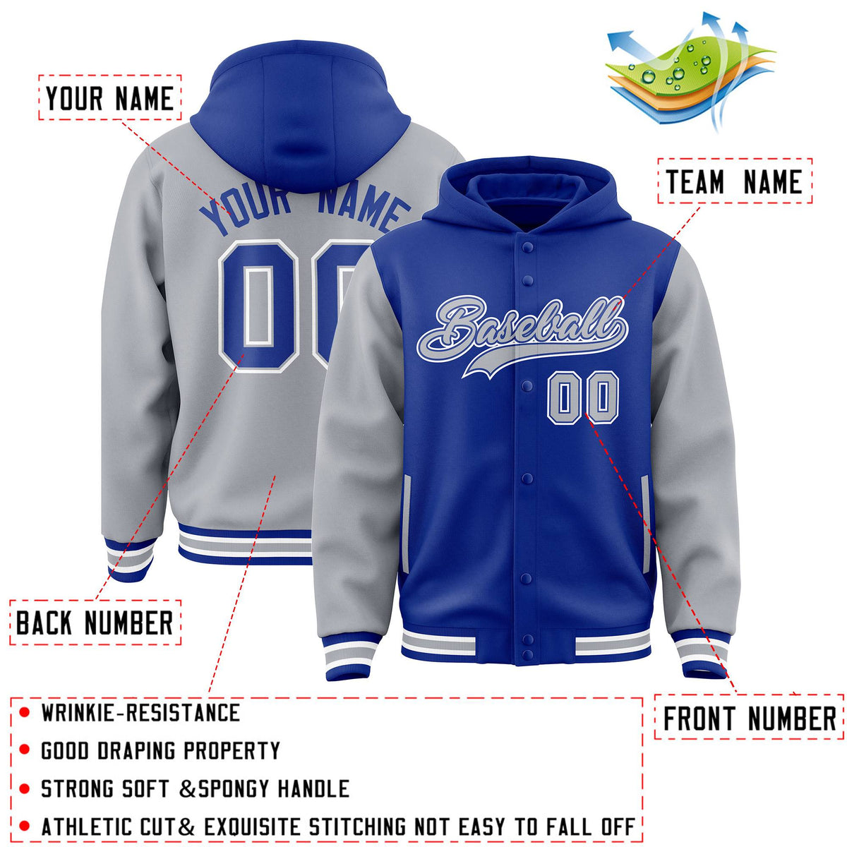 Custom Royal Gray Raglan Sleeves Varsity Full-Snap Letterman Two Tone Jacket Hoodie| KXKSHOP
