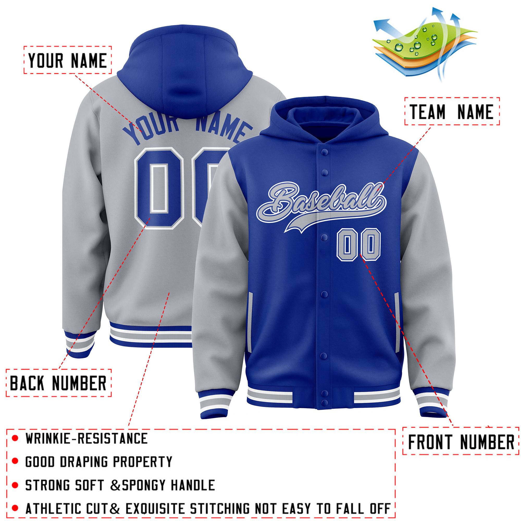 Custom Royal Gray Raglan Sleeves Varsity Full-Snap Letterman Two Tone Jacket Hoodie| KXKSHOP