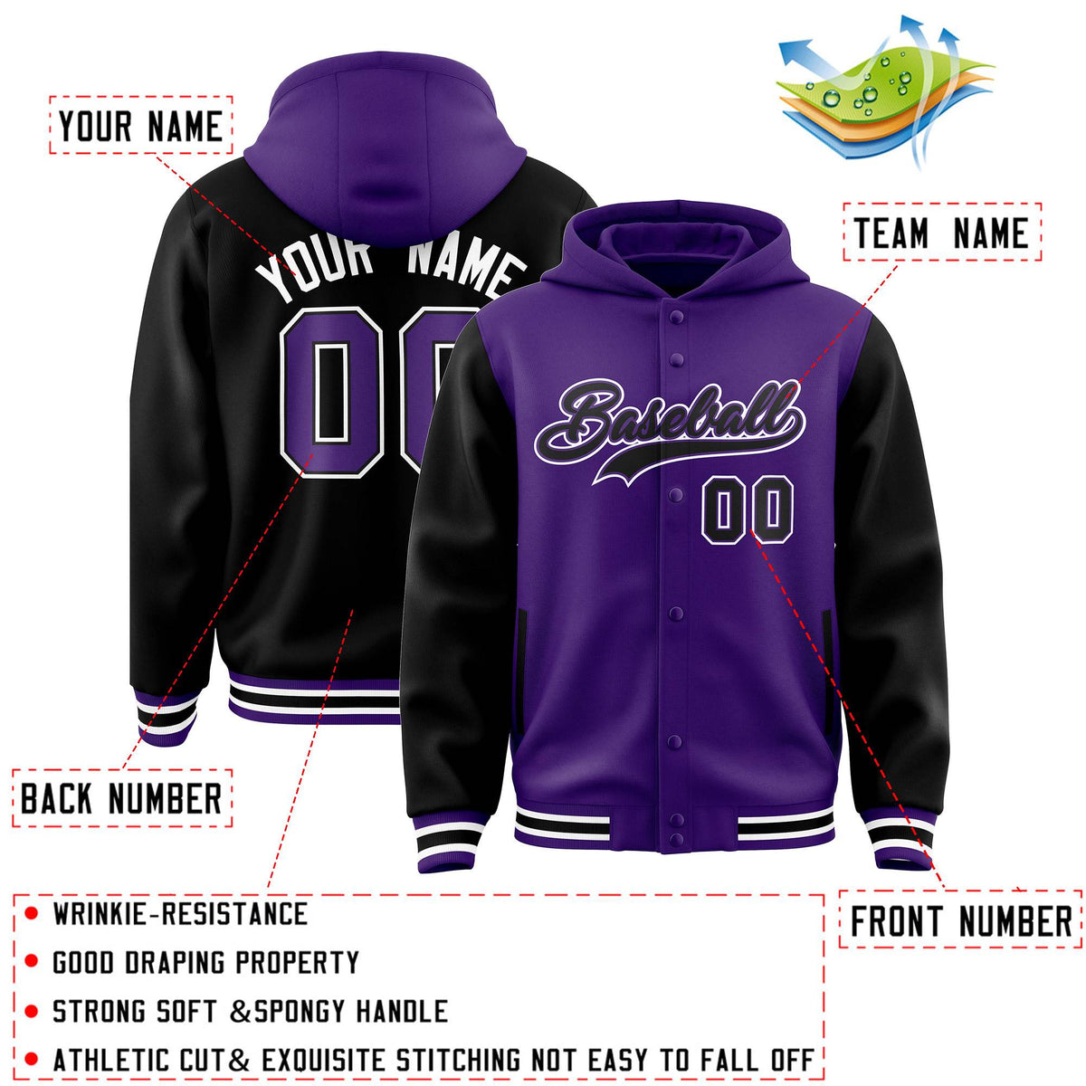 Custom Purple Black Raglan Sleeves Varsity Full-Snap Letterman Two Tone Jacket Hoodie| KXKSHOP
