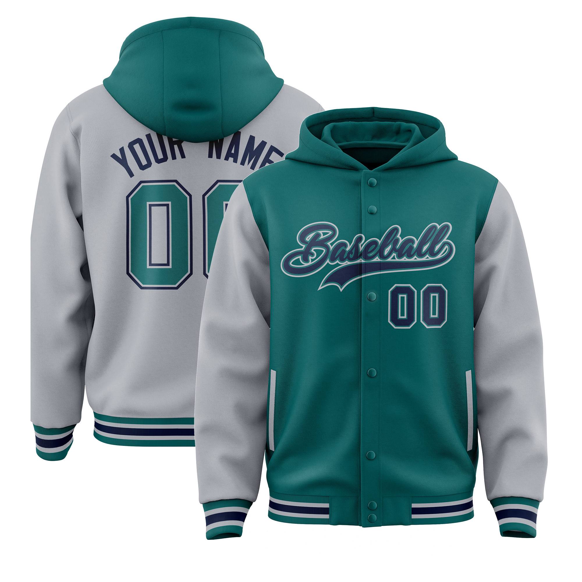 Custom Aqua Gray Raglan Sleeves Varsity Full-Snap Letterman Two Tone Jacket Hoodie| KXKSHOP