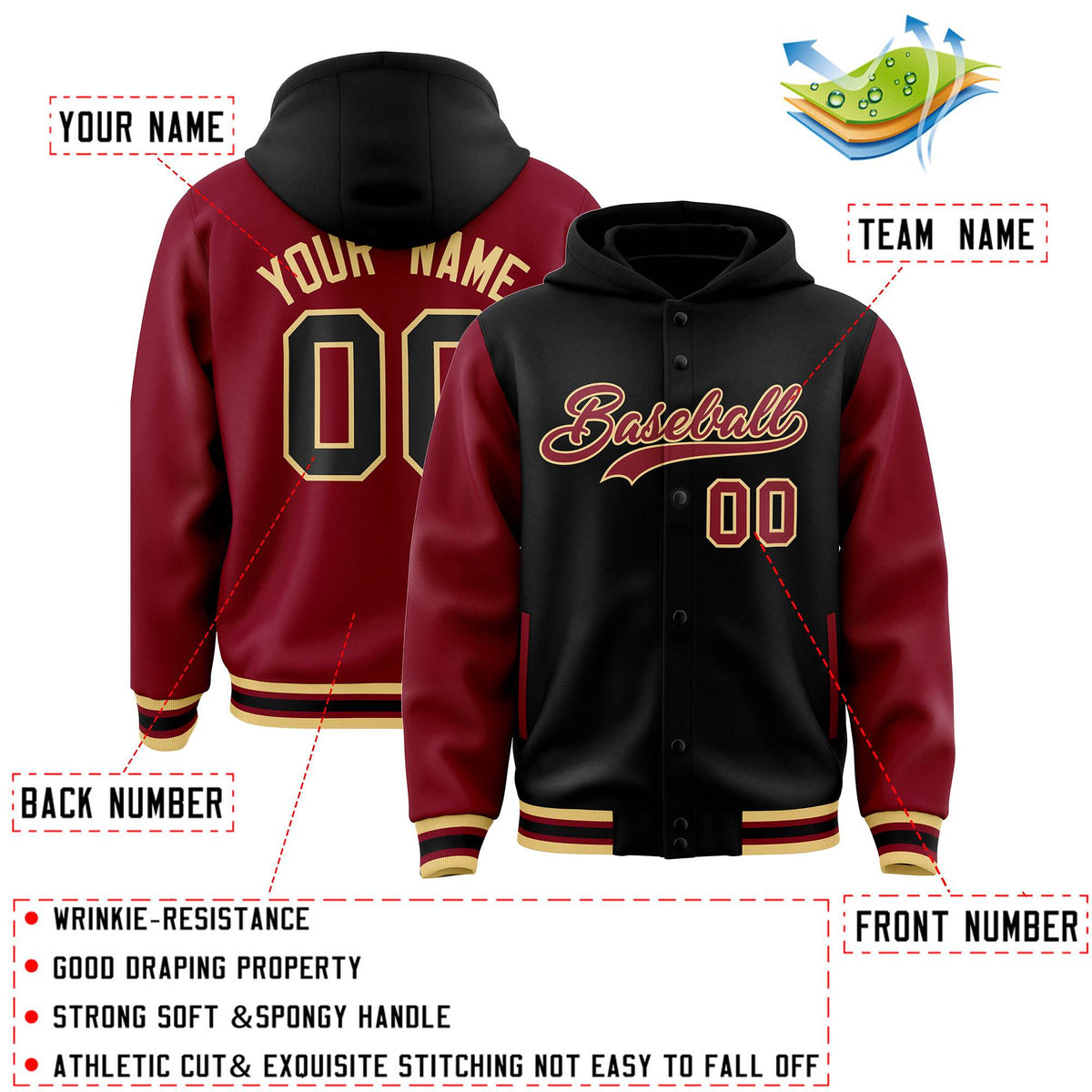 Custom Khaki Crimson Raglan Sleeves Varsity Full-Snap Letterman Two Tone Jacket Hoodie| KXKSHOP