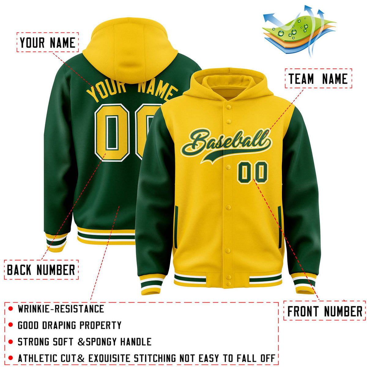 Custom Gold Green Raglan Sleeves Varsity Full-Snap Letterman Two Tone Jacket Hoodie| KXKSHOP
