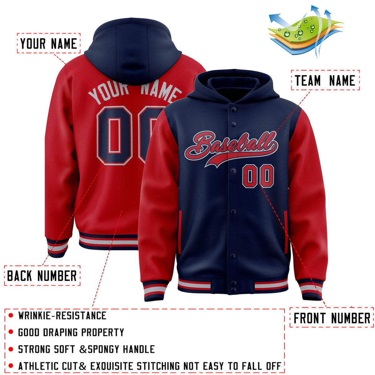 Custom Navy Red Raglan Sleeves Varsity Full-Snap Letterman Two Tone Jacket Hoodie| KXKSHOP