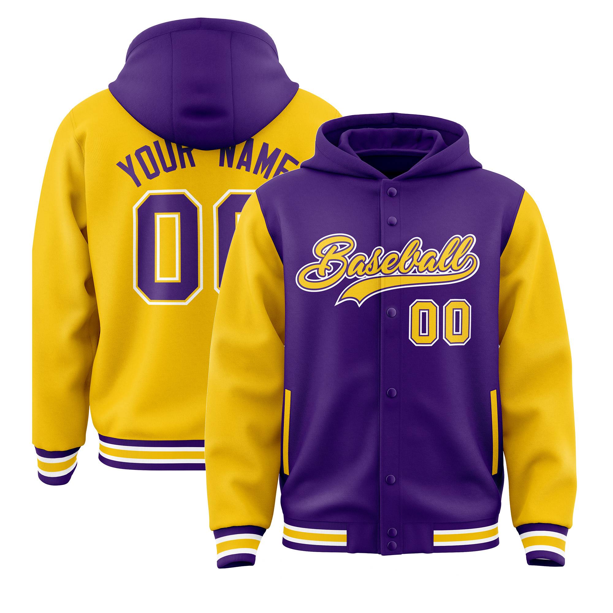 Custom Purple Gold Raglan Sleeves Varsity Full-Snap Letterman Two Tone Jacket Hoodie| KXKSHOP