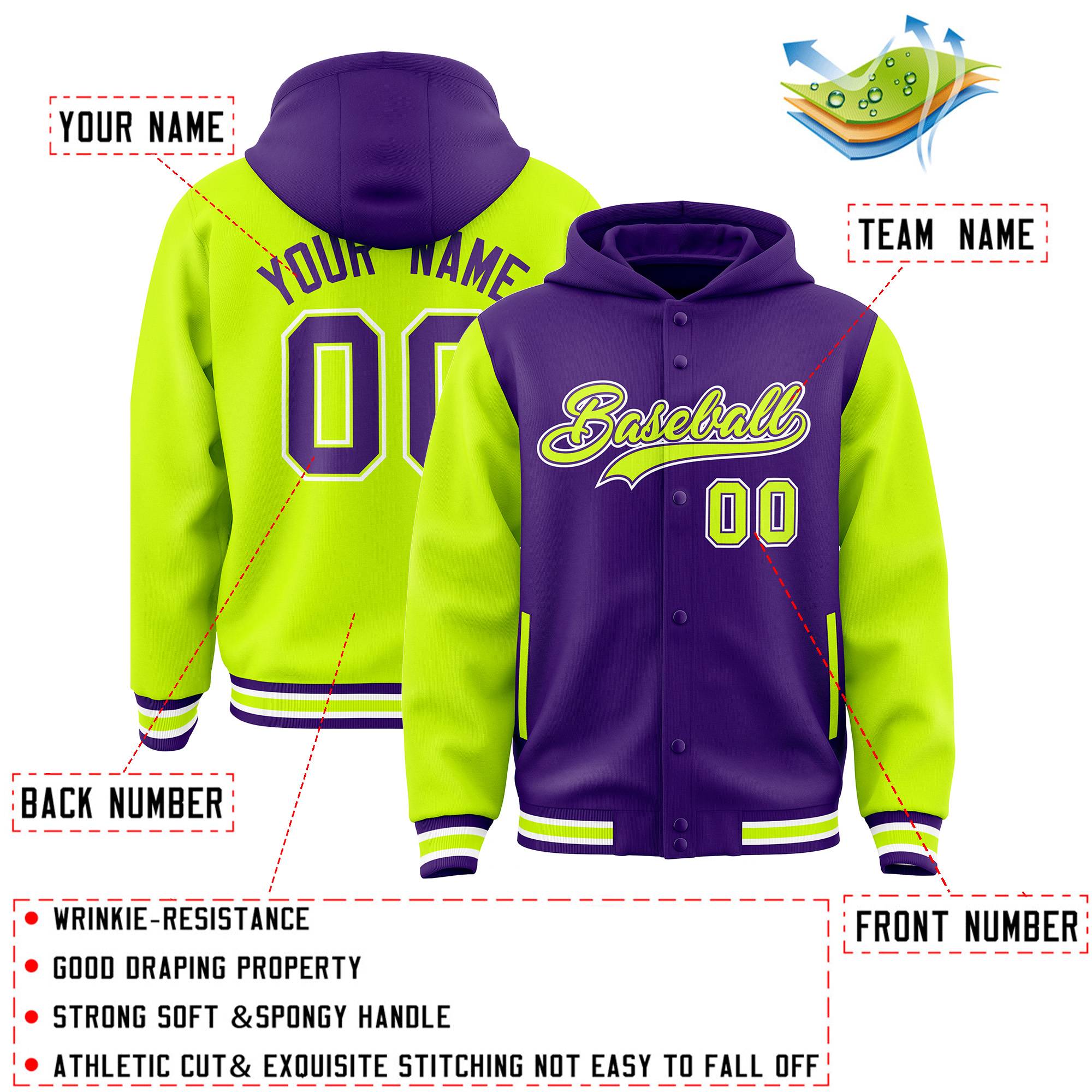 Custom Purple Neon Green Raglan Sleeves Varsity Full-Snap Letterman Two Tone Jacket Hoodie| KXKSHOP