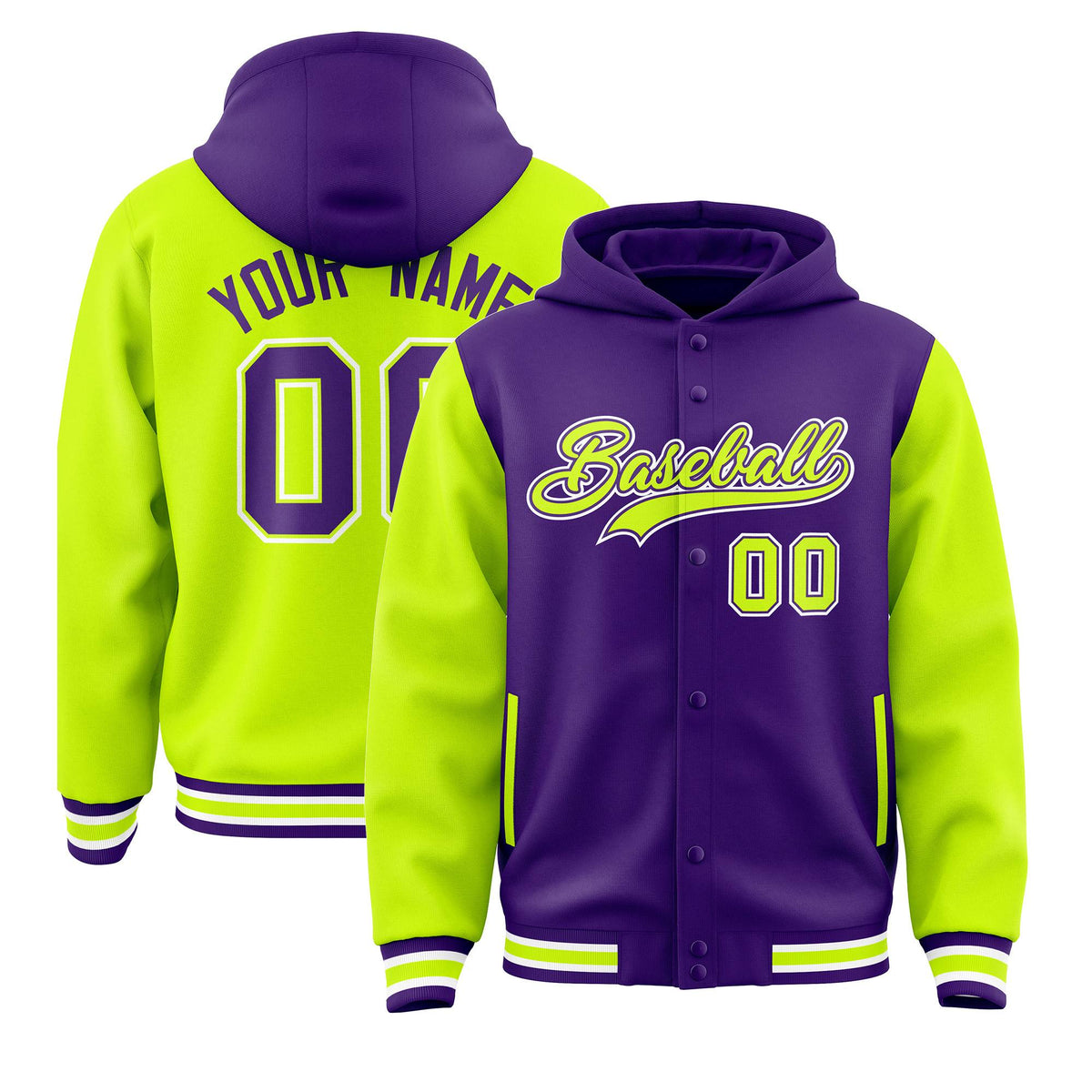 Custom Purple Neon Green Raglan Sleeves Varsity Full-Snap Letterman Two Tone Jacket Hoodie| KXKSHOP