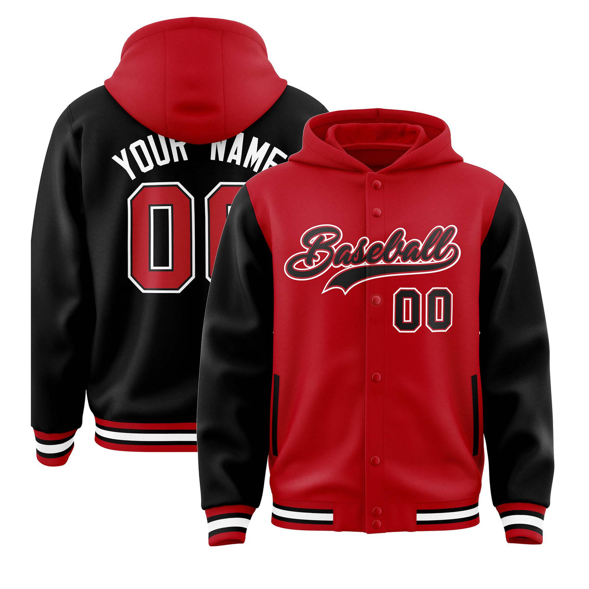 Custom Red Black Raglan Sleeves Varsity Full-Snap Letterman Two Tone Jacket Hoodie| KXKSHOP