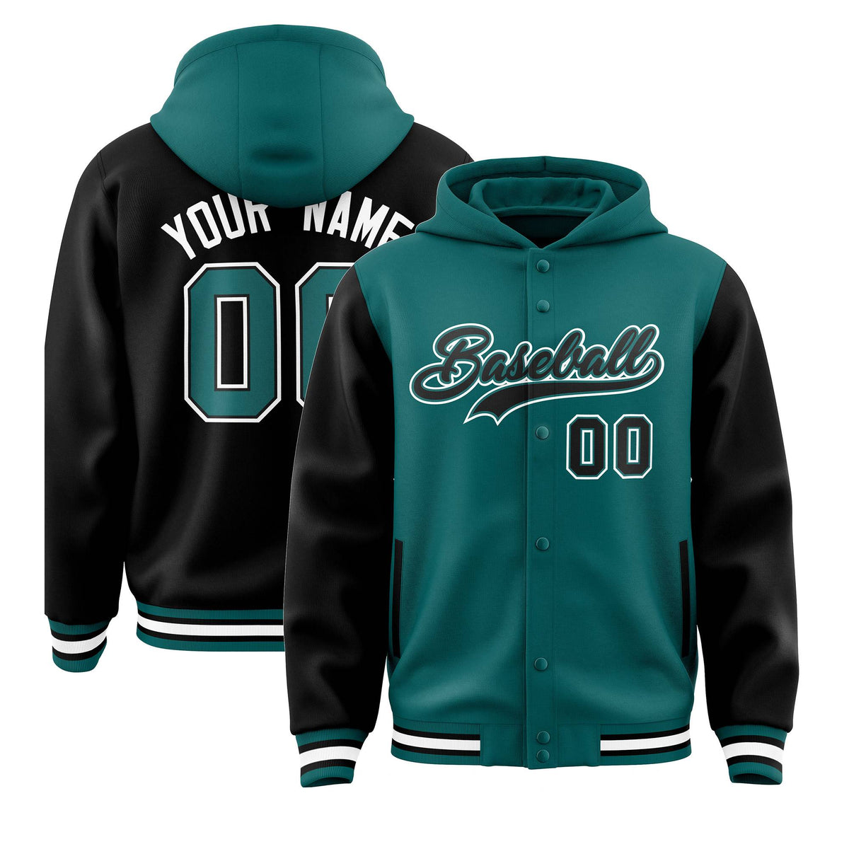 Custom Aqua Black Raglan Sleeves Varsity Full-Snap Letterman Two Tone Jacket Hoodie| KXKSHOP