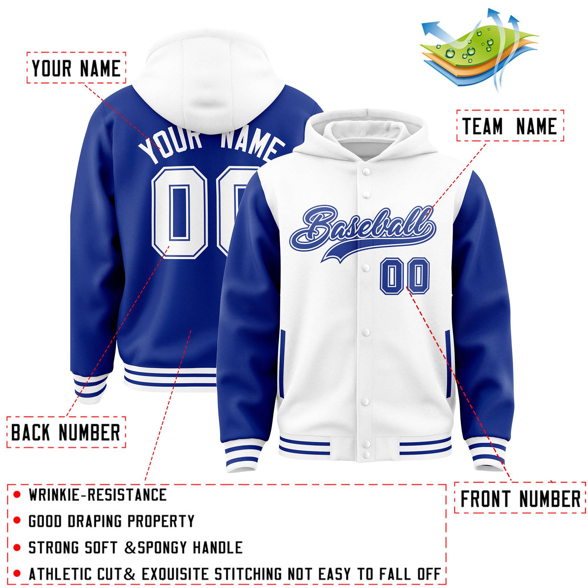 Custom White Royal Raglan Sleeves Varsity Full-Snap Letterman Two Tone Jacket Hoodie| KXKSHOP