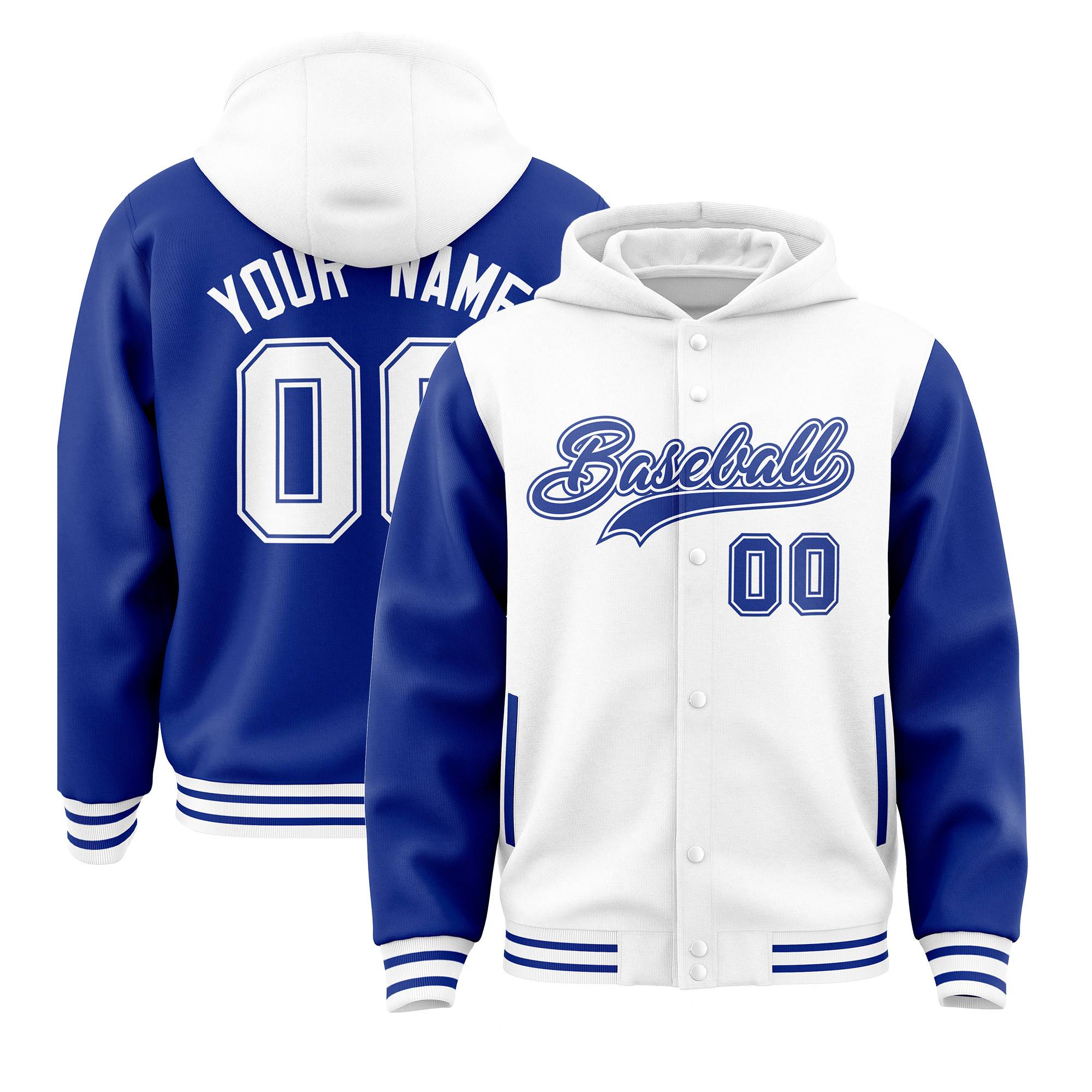 Custom White Royal Raglan Sleeves Varsity Full-Snap Letterman Two Tone Jacket Hoodie| KXKSHOP