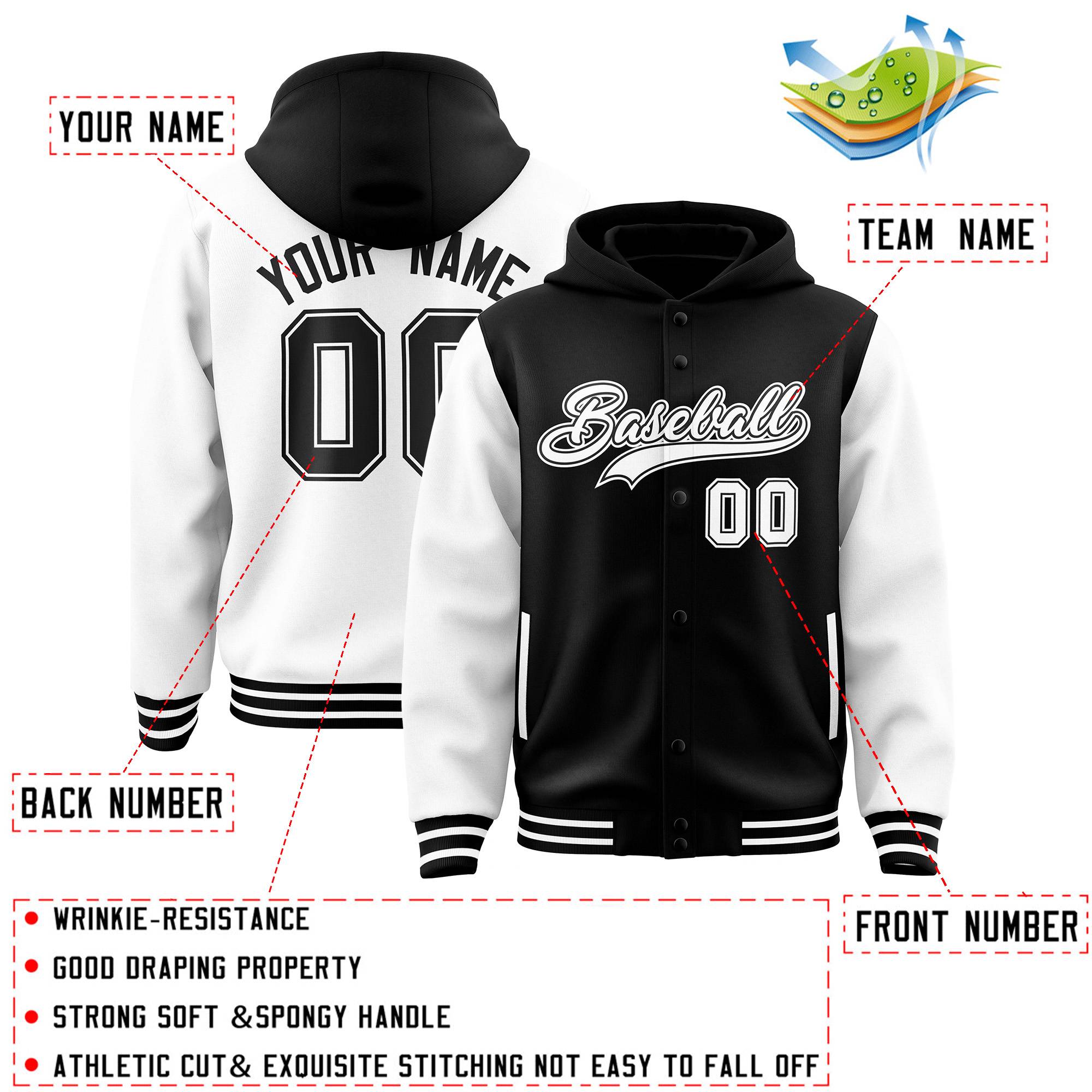 Custom Black White Raglan Sleeves Varsity Full-Snap Letterman Two Tone Jacket Hoodie| KXKSHOP