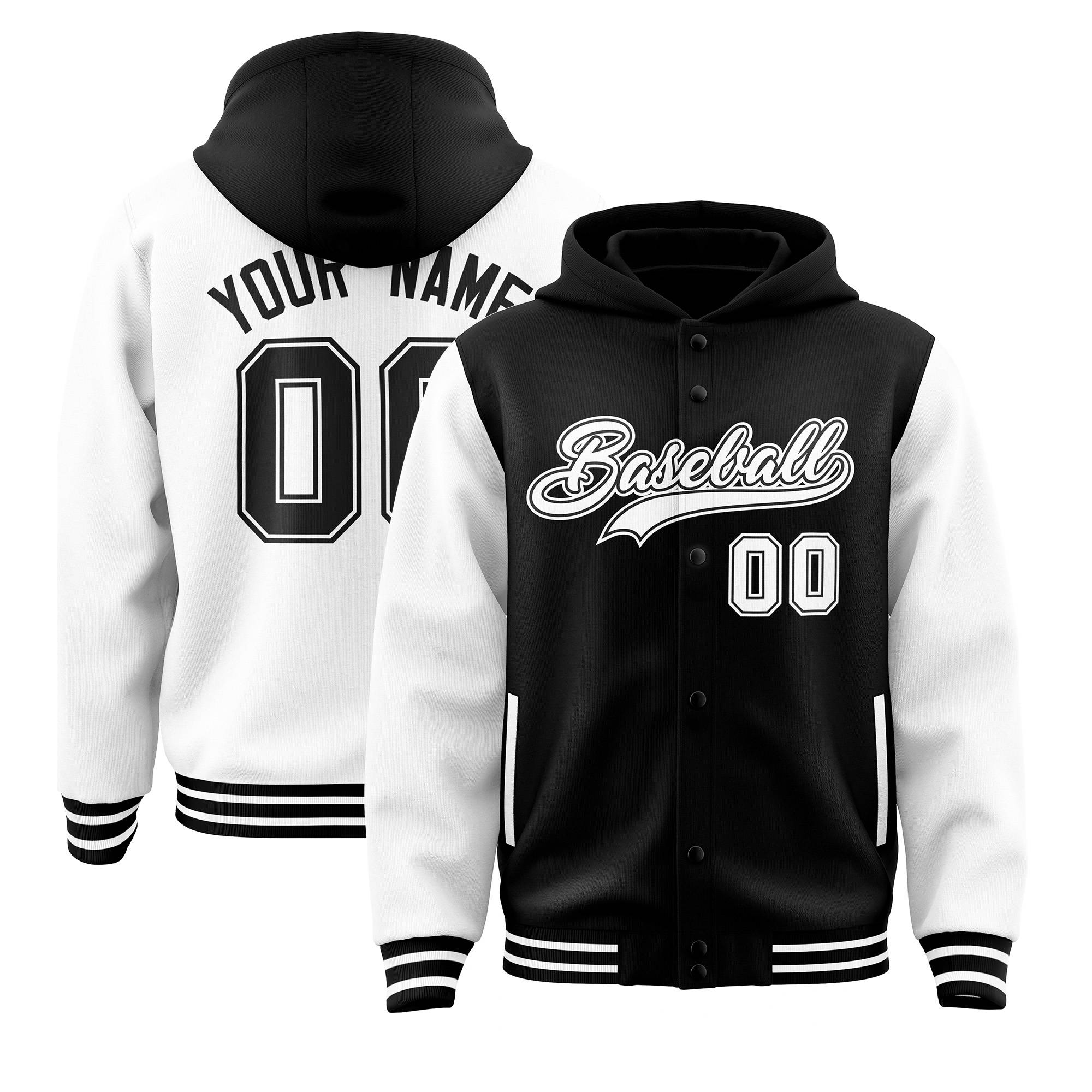 Custom Black White Raglan Sleeves Varsity Full-Snap Letterman Two Tone Jacket Hoodie| KXKSHOP