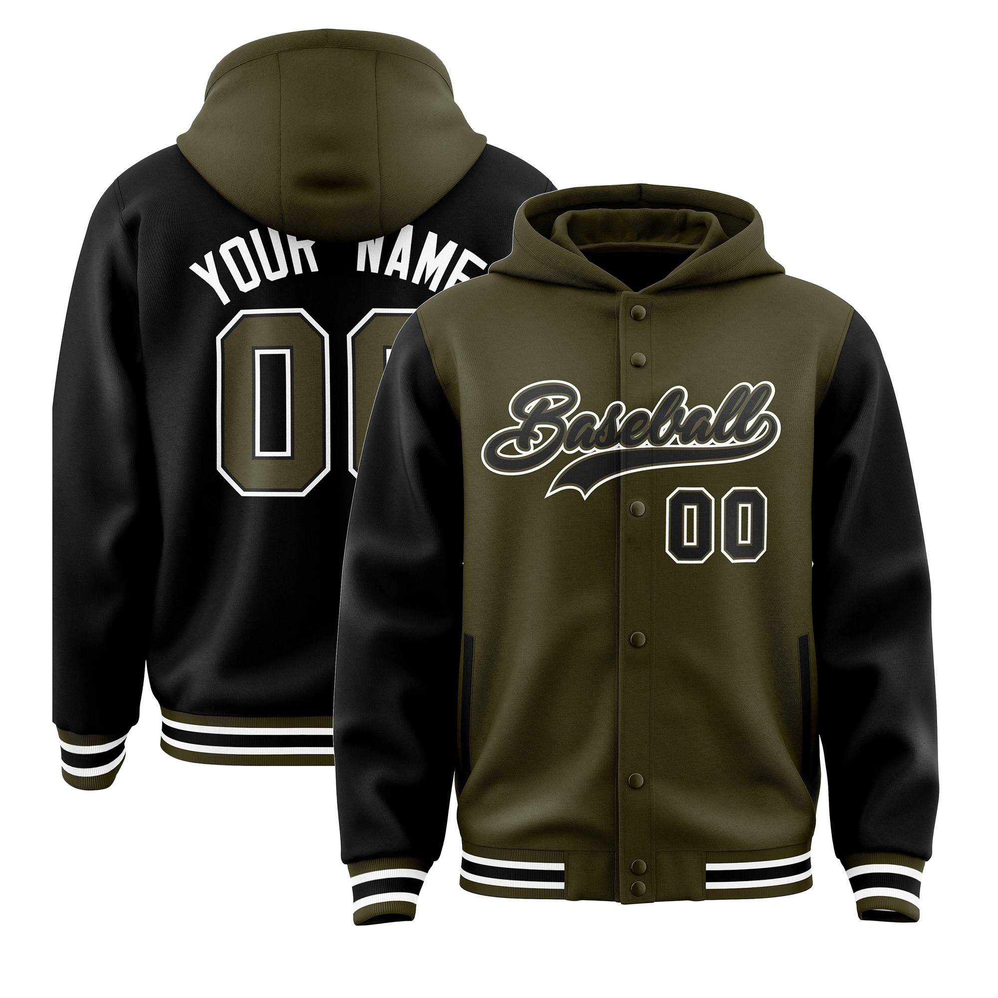 Custom Olive Black Raglan Sleeves Varsity Full-Snap Letterman Two Tone Jacket Hoodie| KXKSHOP