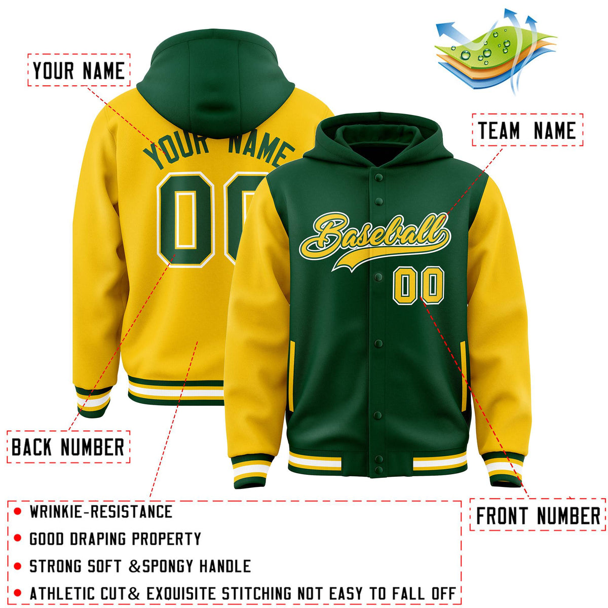 Custom Green Gold Raglan Sleeves Varsity Full-Snap Letterman Two Tone Jacket Hoodie| KXKSHOP
