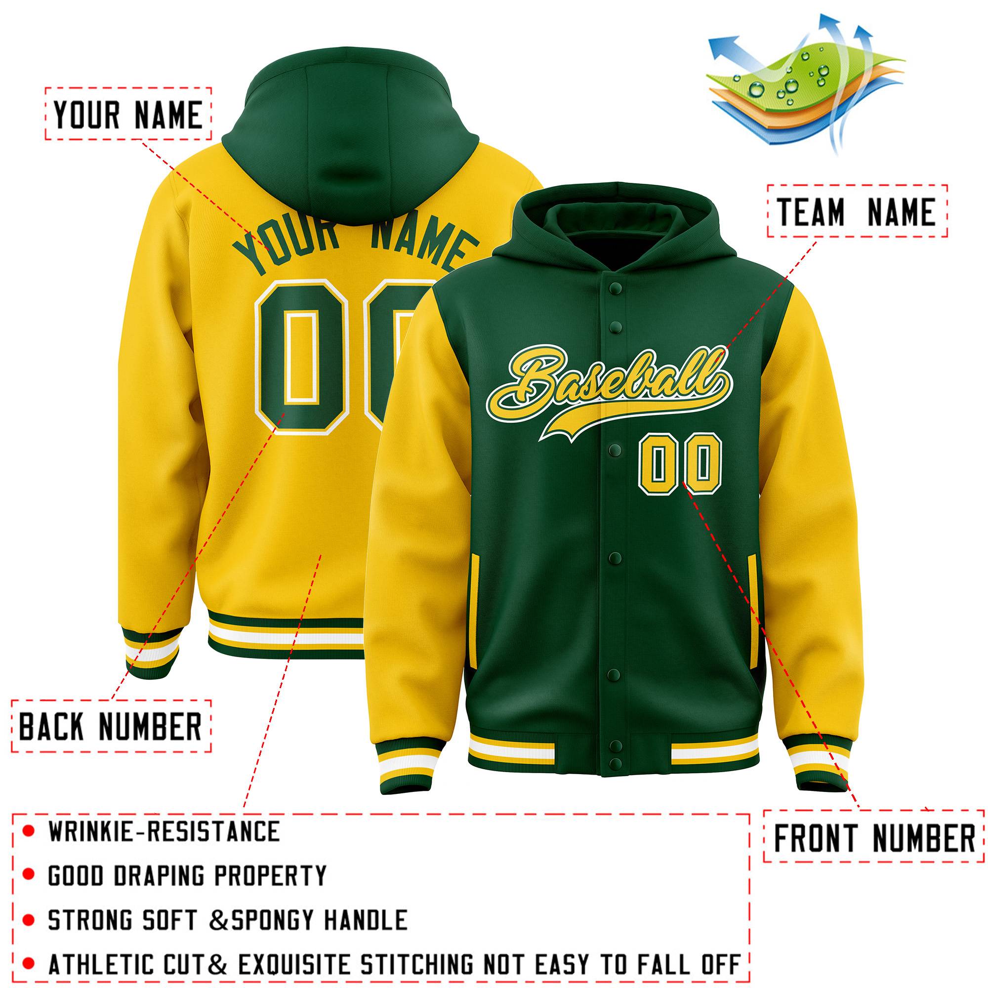 Custom Green Gold Raglan Sleeves Varsity Full-Snap Letterman Two Tone Jacket Hoodie| KXKSHOP