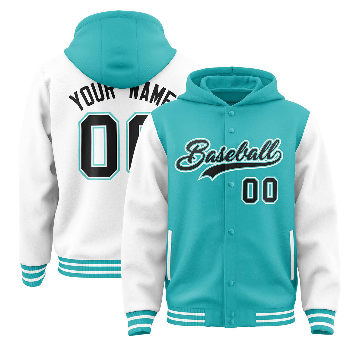 Custom Aqua White Raglan Sleeves Varsity Full-Snap Letterman Two Tone Jacket Hoodie| KXKSHOP