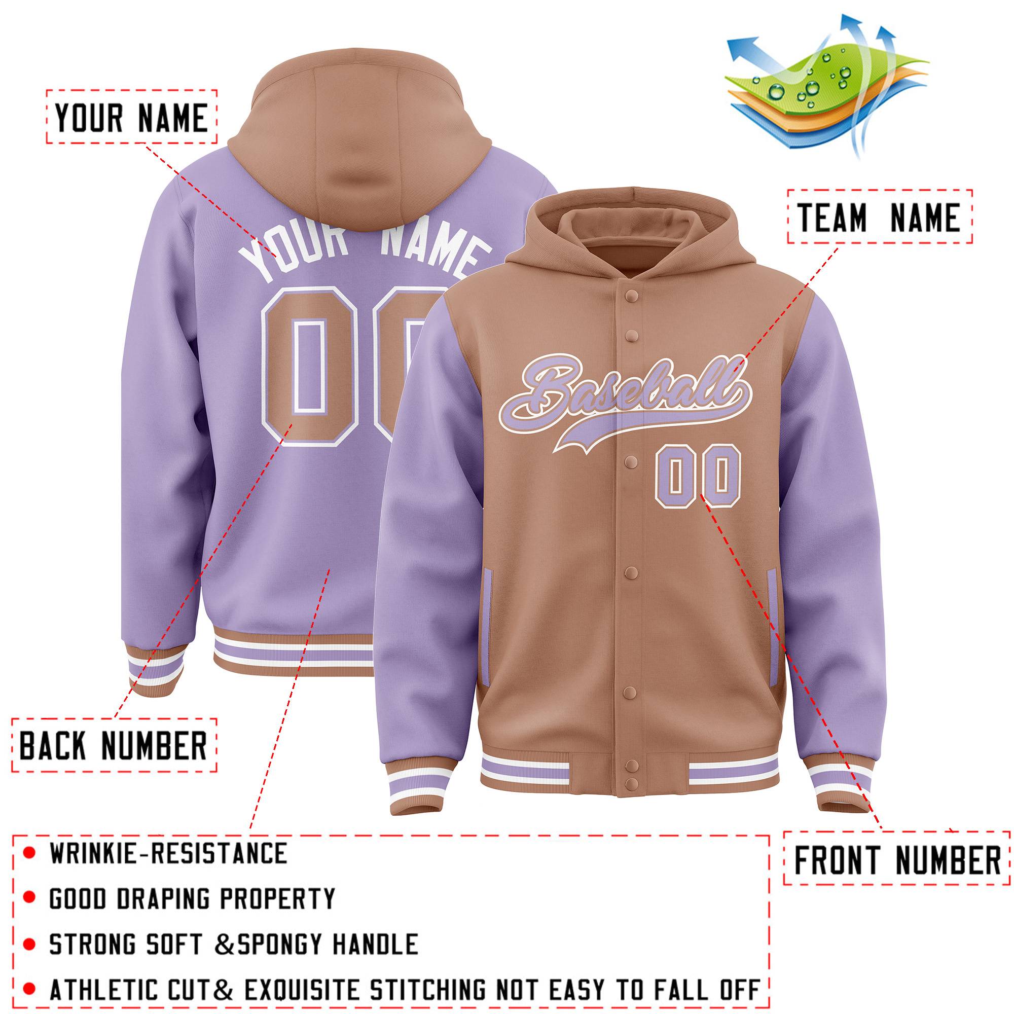 Custom Light Brown Light Purple Raglan Sleeves Varsity Full-Snap Letterman Two Tone Jacket Hoodie| KXKSHOP