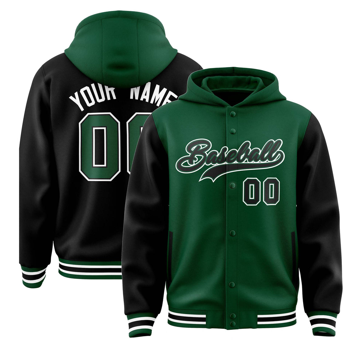 Custom Green Black Raglan Sleeves Varsity Full-Snap Letterman Two Tone Jacket Hoodie| KXKSHOP