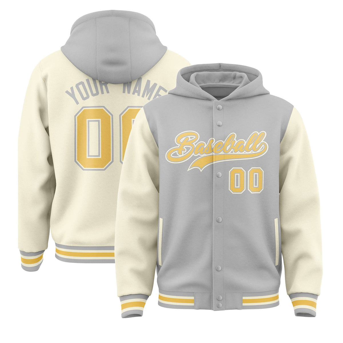 Custom Gray Cream Raglan Sleeves Varsity Full-Snap Letterman Two Tone Jacket Hoodie| KXKSHOP