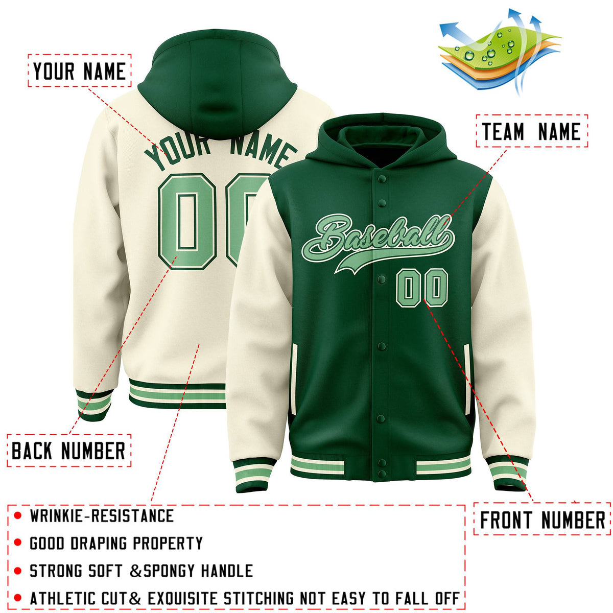 Custom Green Cream Raglan Sleeves Varsity Full-Snap Letterman Two Tone Jacket Hoodie| KXKSHOP