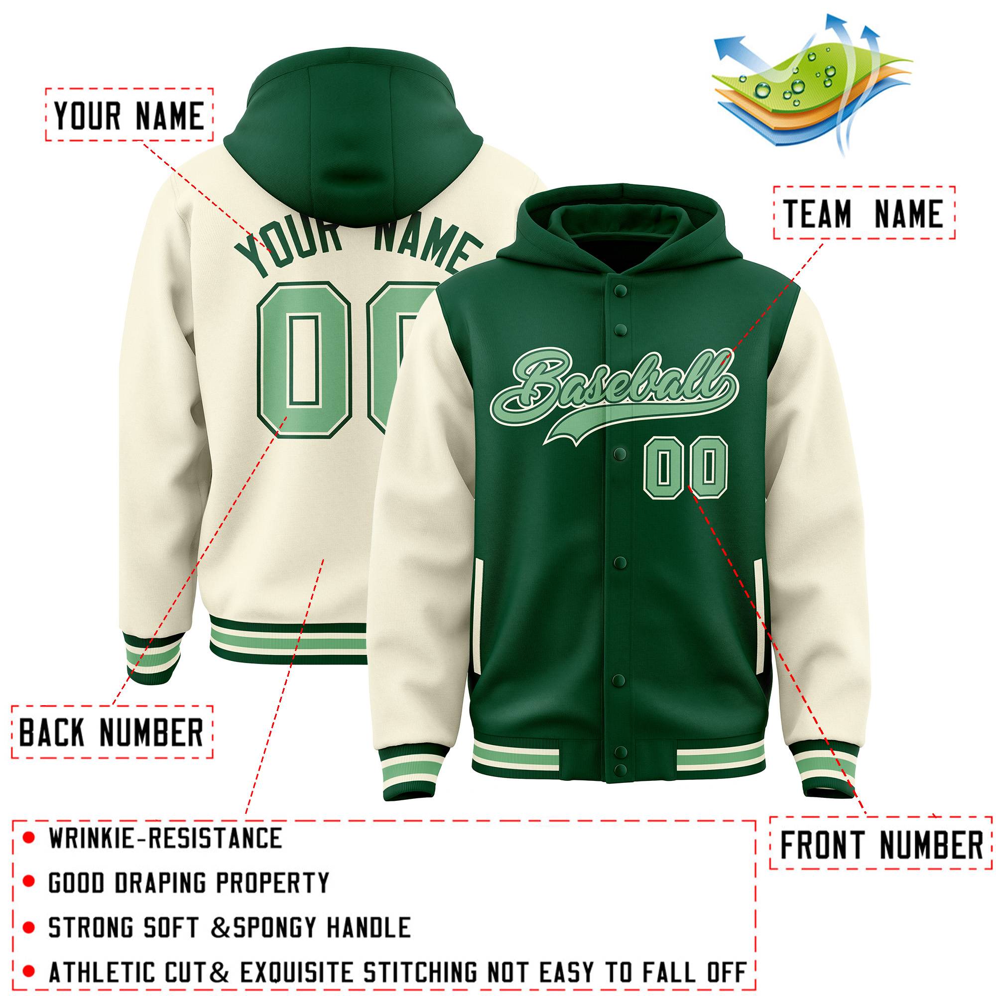 Custom Green Cream Raglan Sleeves Varsity Full-Snap Letterman Two Tone Jacket Hoodie| KXKSHOP
