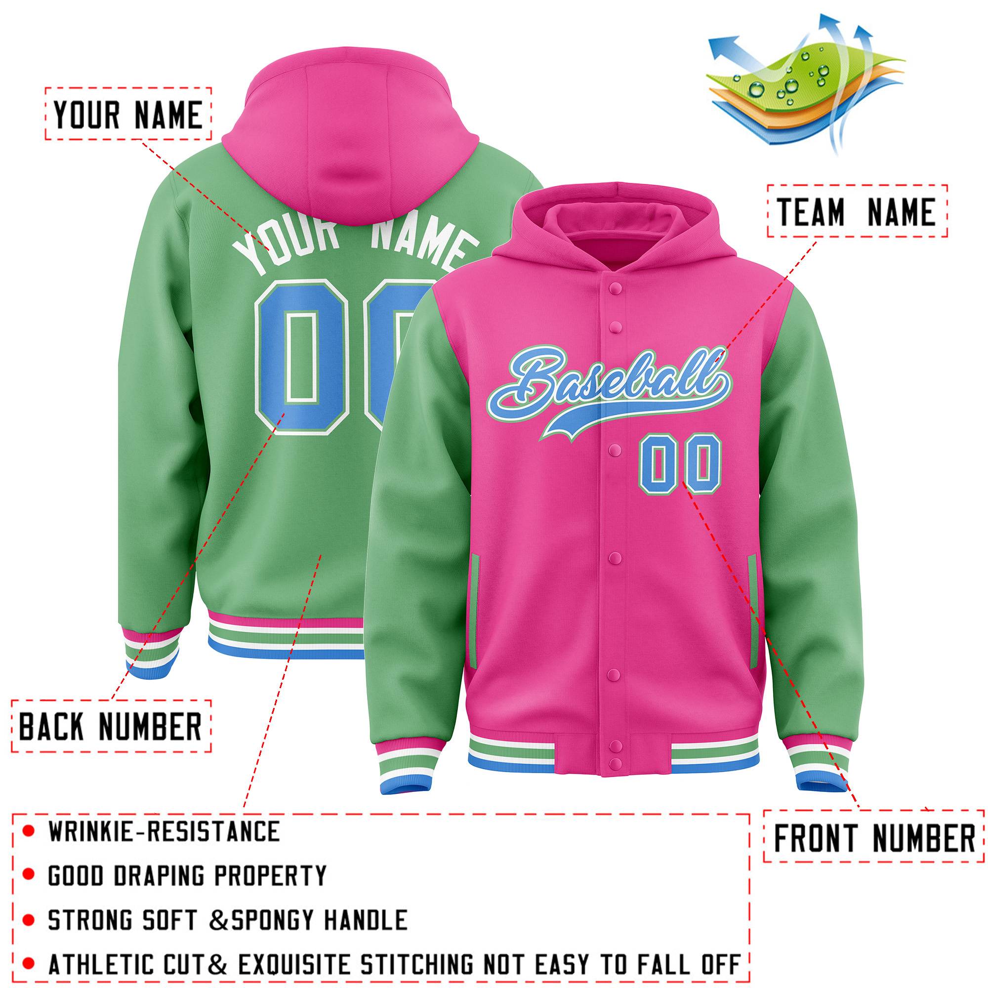 Custom Pink Green Raglan Sleeves Varsity Full-Snap Letterman Two Tone Jacket Hoodie| KXKSHOP