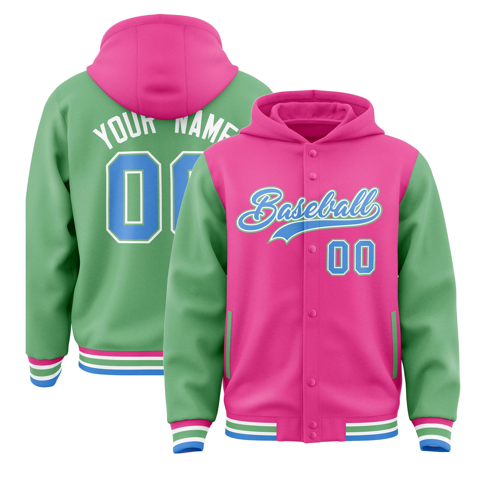 Custom Pink Green Raglan Sleeves Varsity Full-Snap Letterman Two Tone Jacket Hoodie| KXKSHOP