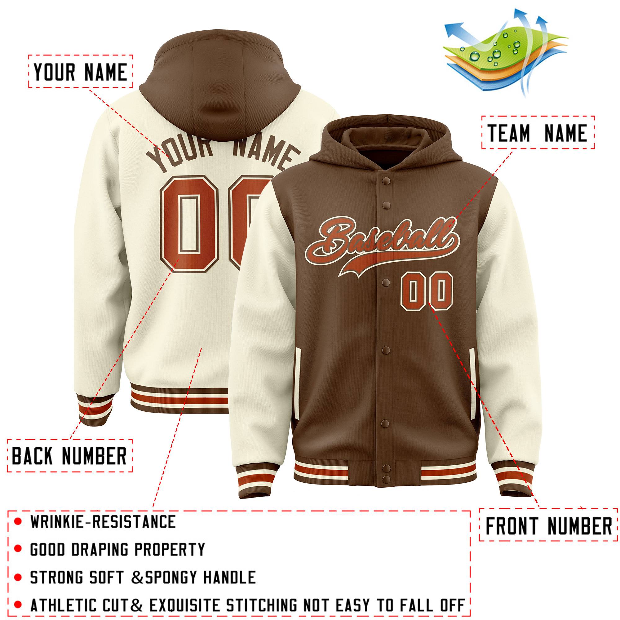Custom Light Brown Cream Raglan Sleeves Varsity Full-Snap Letterman Two Tone Jacket Hoodie| KXKSHOP