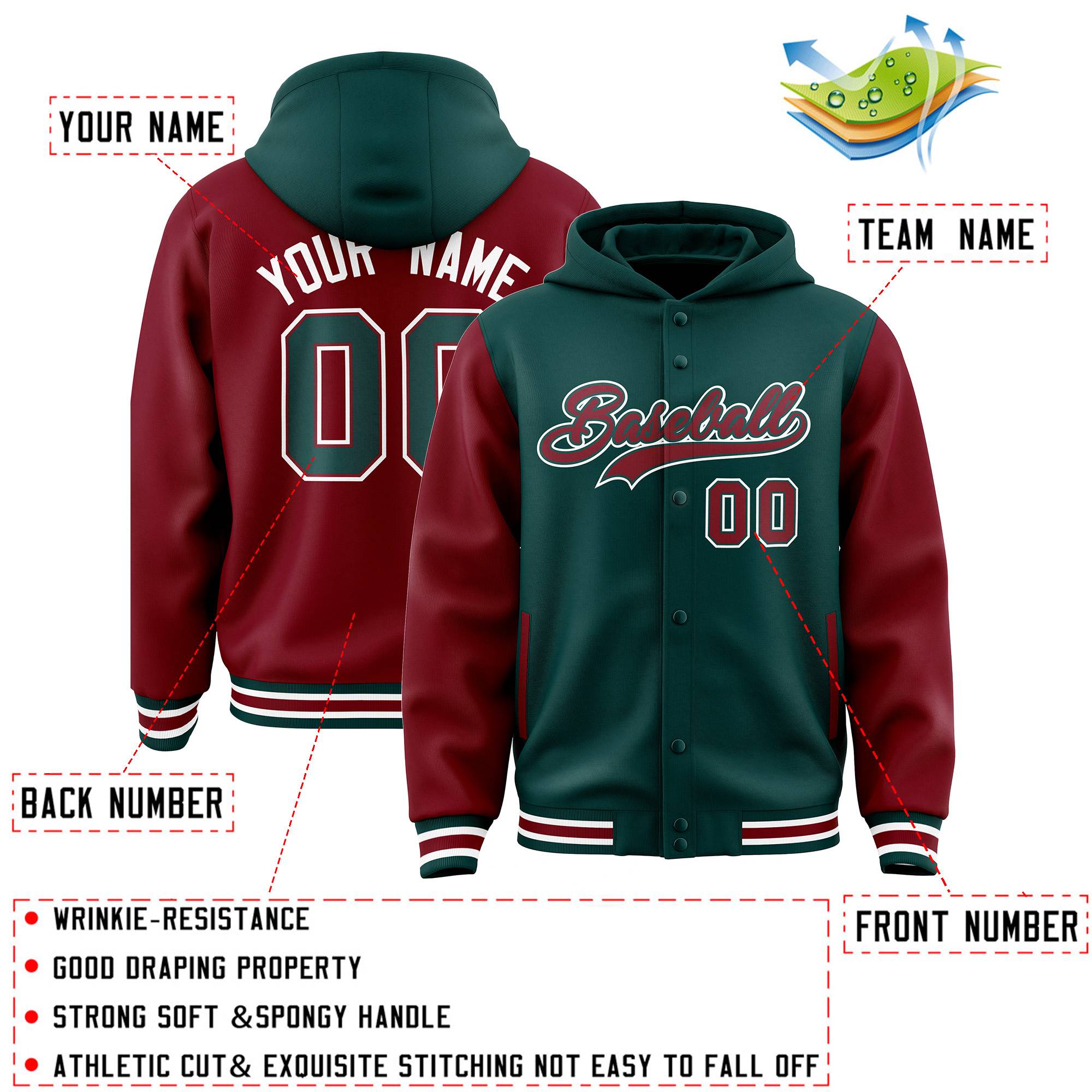 Custom Midnight Green Crimson Raglan Sleeves Varsity Full-Snap Letterman Two Tone Jacket Hoodie| KXKSHOP