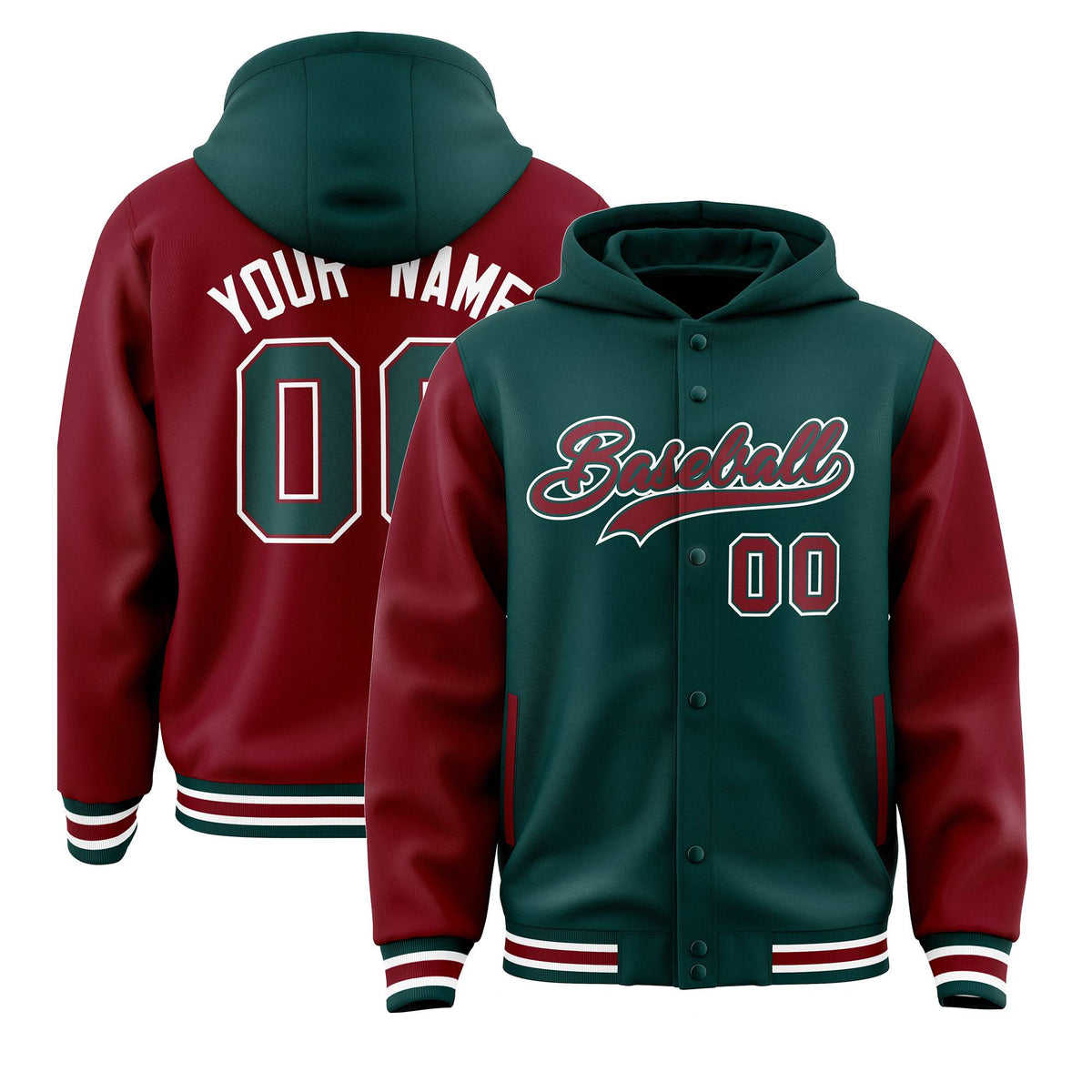 Custom Midnight Green Crimson Raglan Sleeves Varsity Full-Snap Letterman Two Tone Jacket Hoodie| KXKSHOP