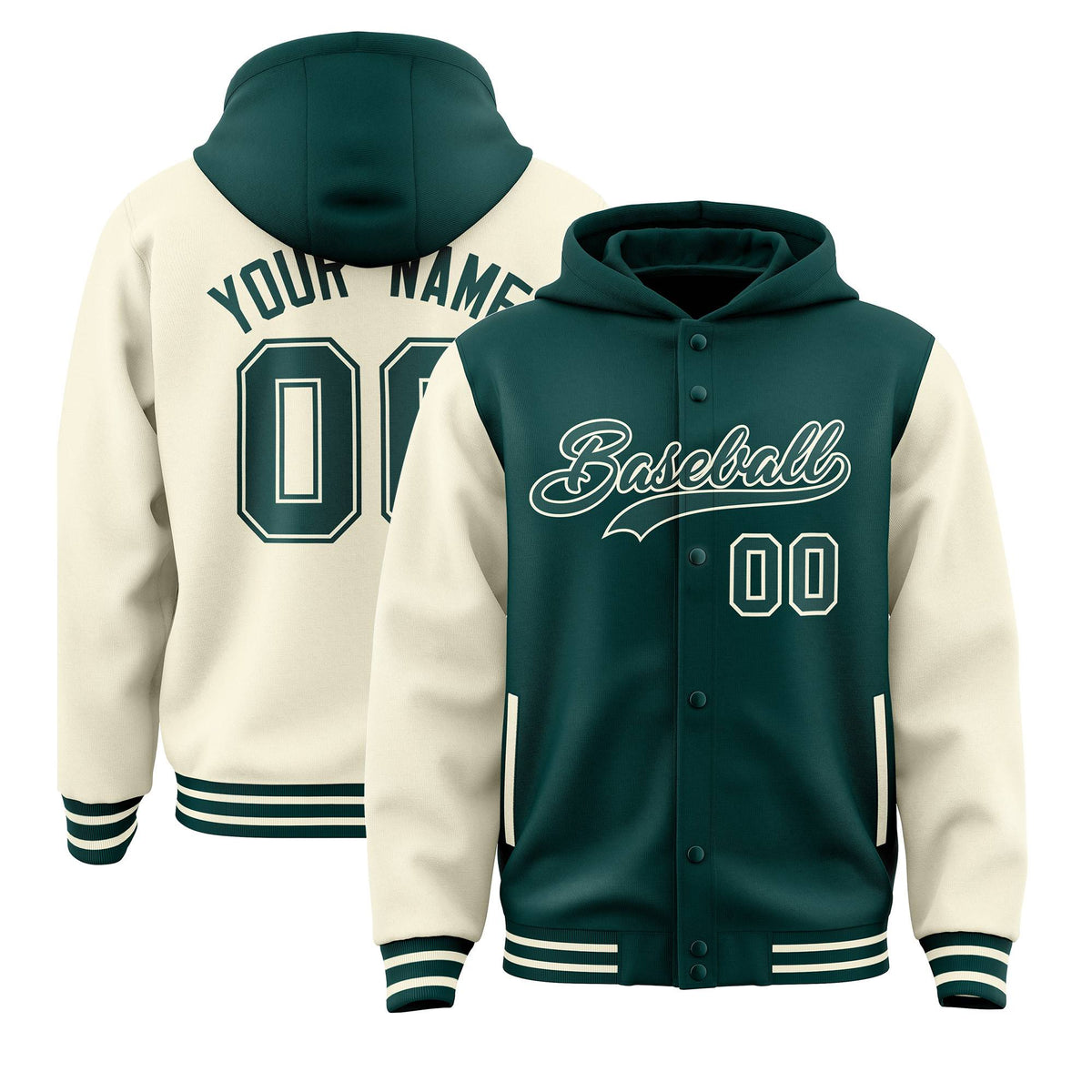 Custom Midnight Green Cream Raglan Sleeves Varsity Full-Snap Letterman Two Tone Jacket Hoodie| KXKSHOP