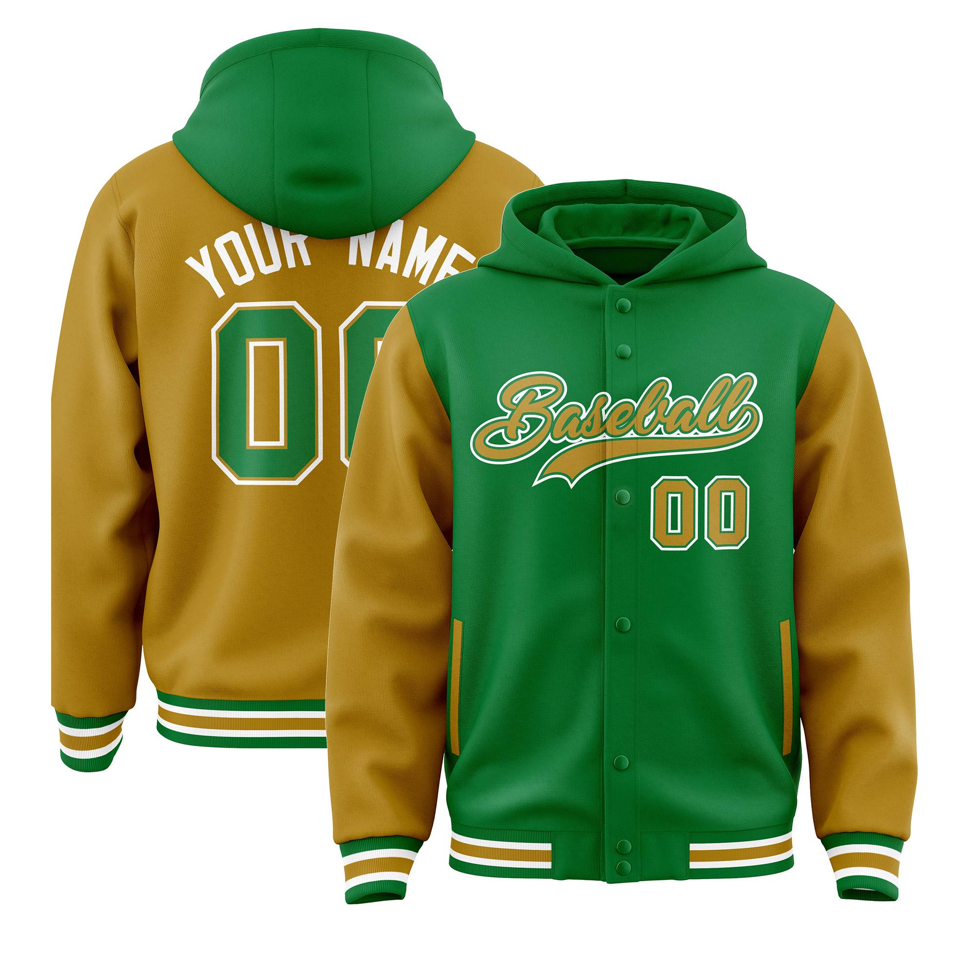 Custom Kelly Green Old Gold Raglan Sleeves Varsity Full-Snap Letterman Two Tone Jacket Hoodie| KXKSHOP