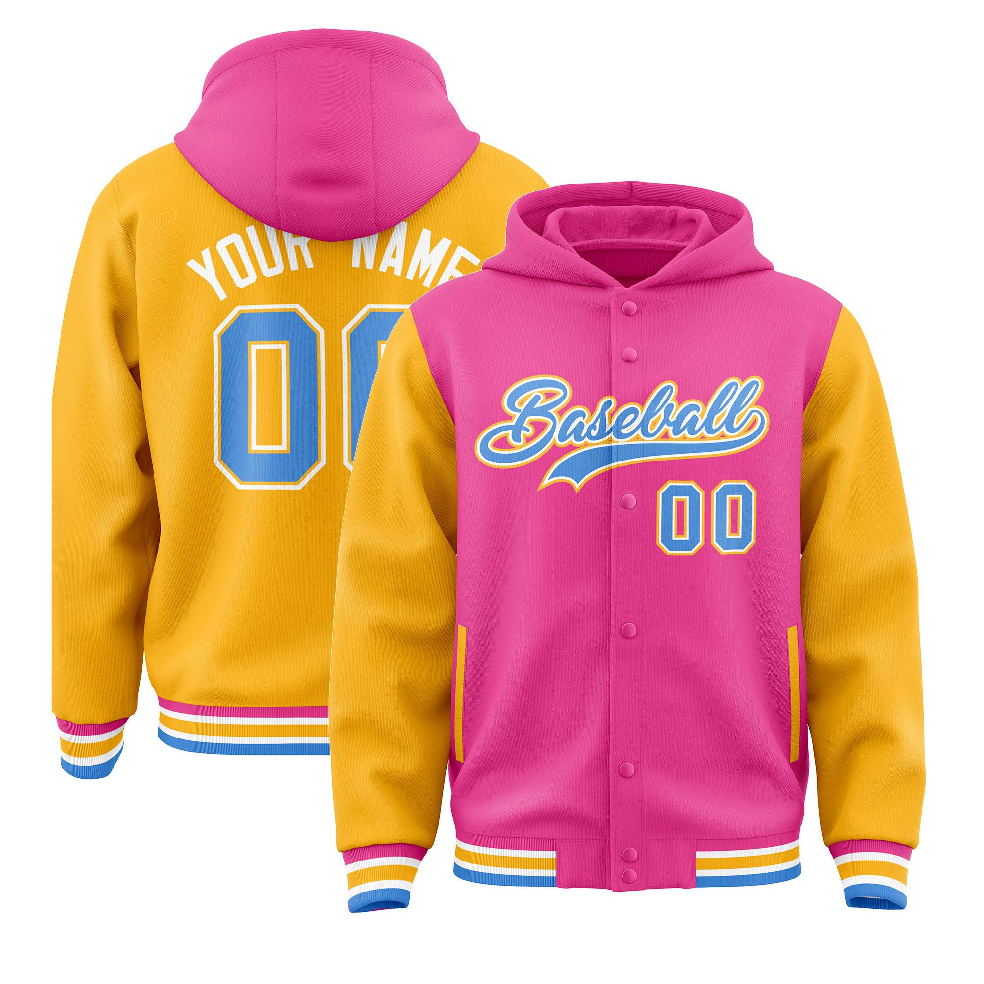 Custom Pink Gold Raglan Sleeves Varsity Full-Snap Letterman Two Tone Jacket Hoodie| KXKSHOP