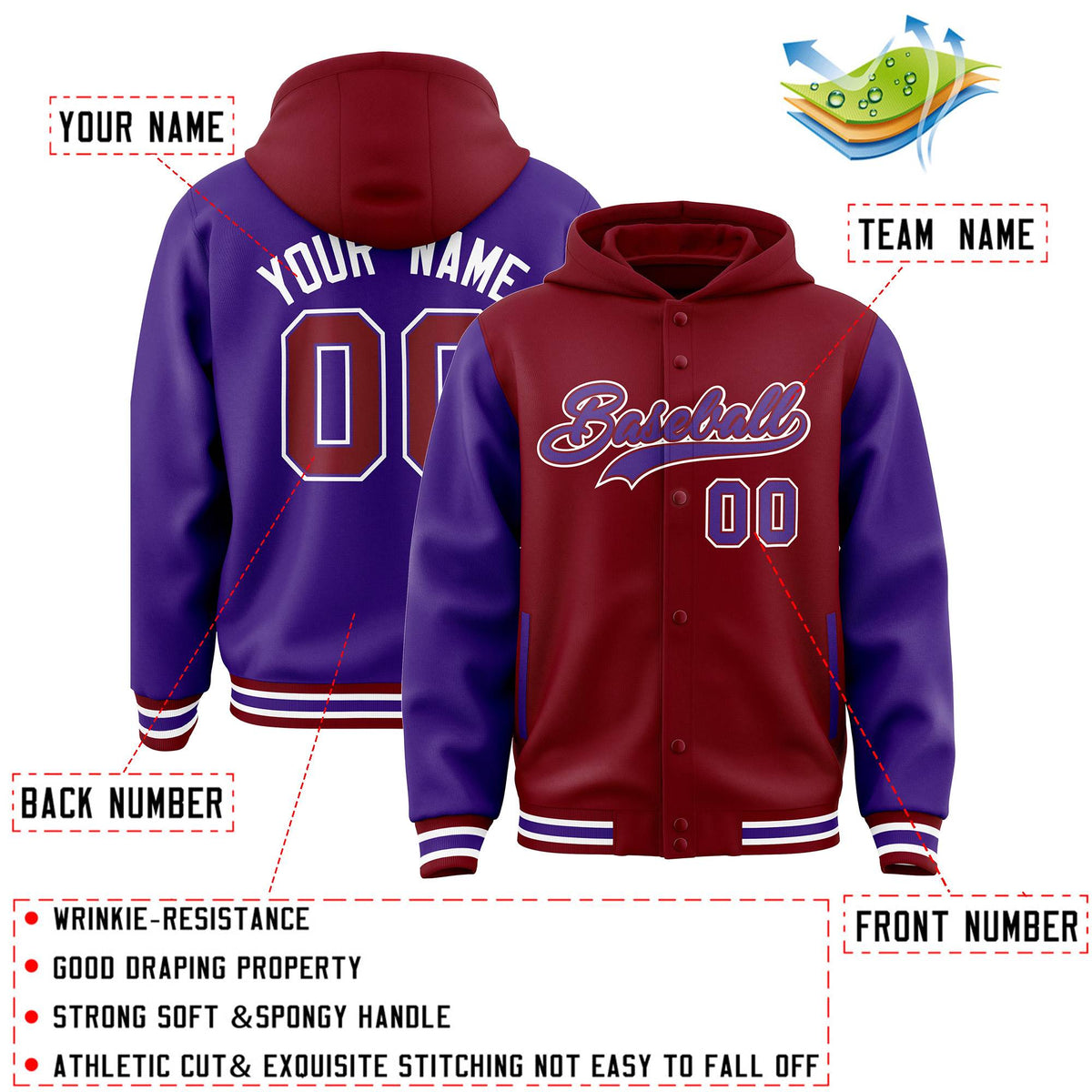 Custom Crimson Purple Raglan Sleeves Varsity Full-Snap Letterman Two Tone Jacket Hoodie| KXKSHOP