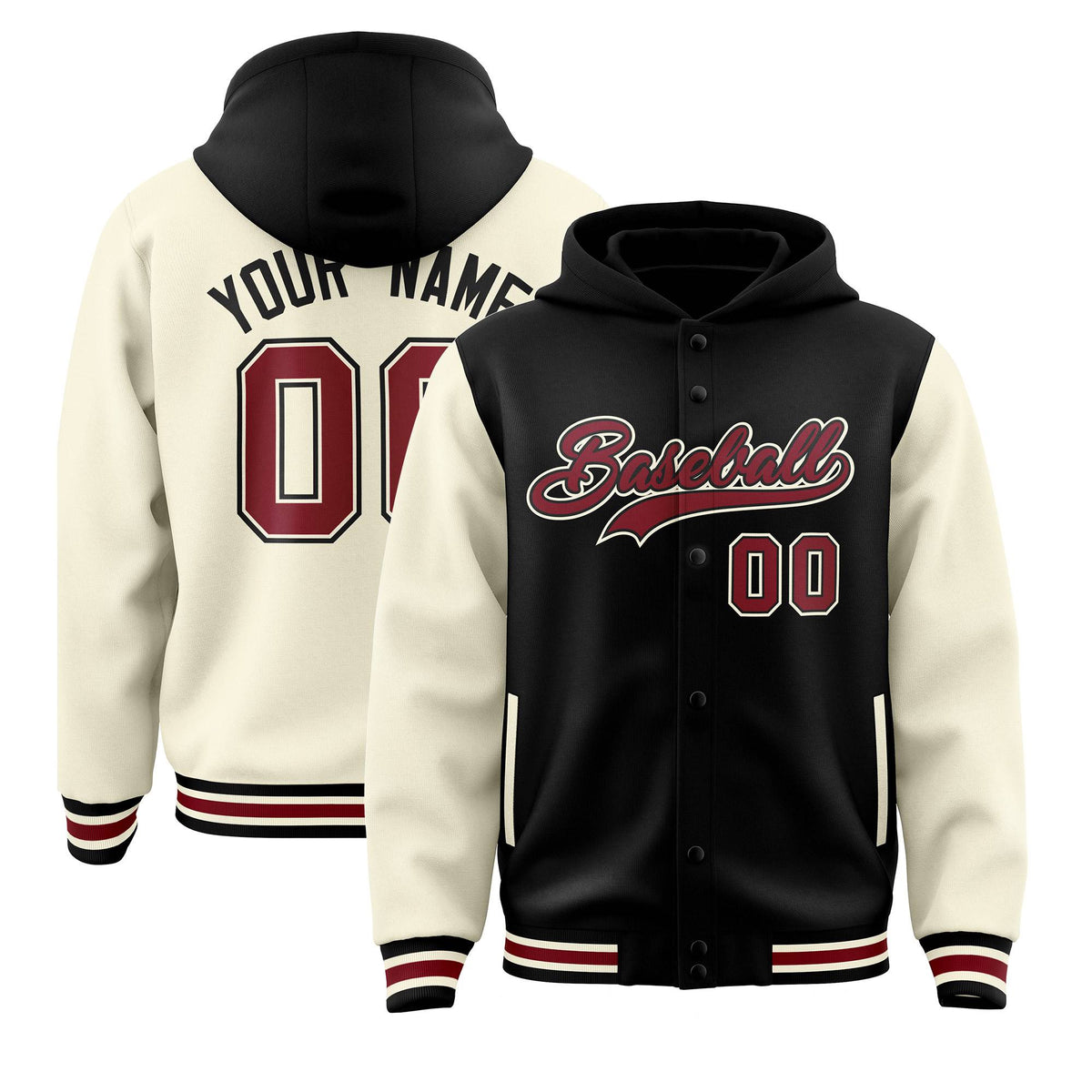 Custom Black Cream Raglan Sleeves Varsity Full-Snap Letterman Two Tone Jacket Hoodie| KXKSHOP