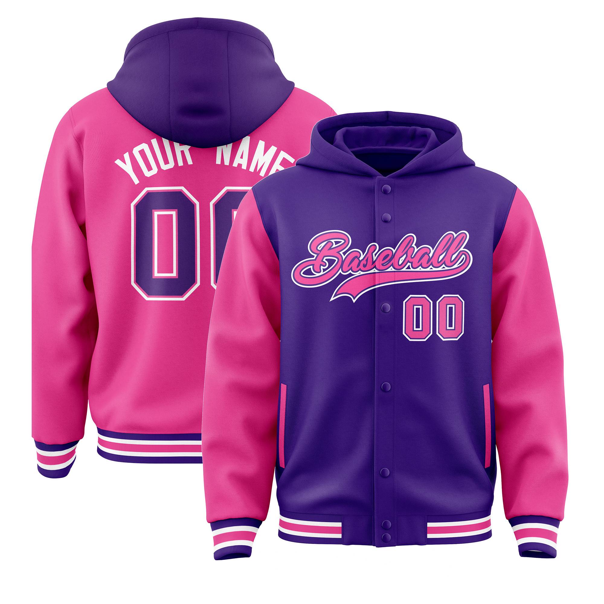 Custom Purple Pink Raglan Sleeves Varsity Full-Snap Letterman Two Tone Jacket Hoodie| KXKSHOP