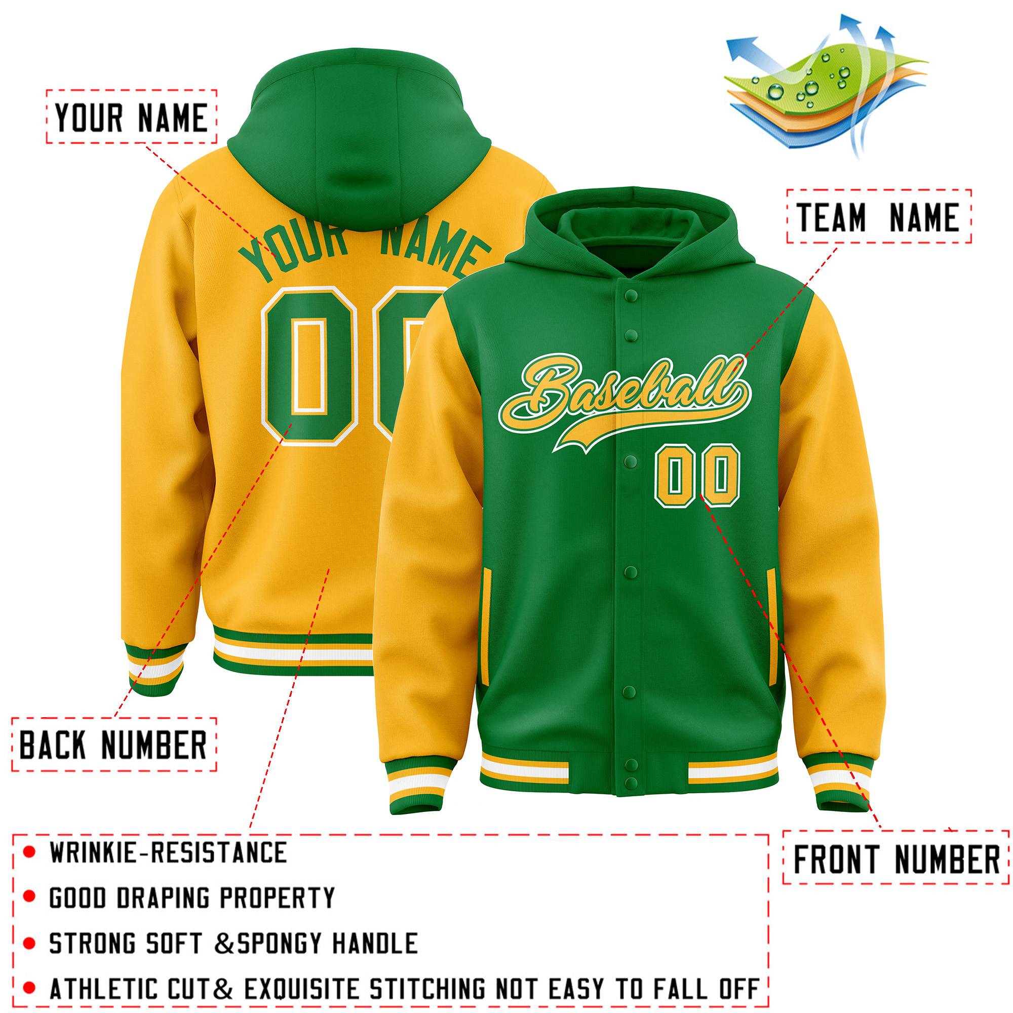 Custom Kelly Green Gold Raglan Sleeves Varsity Full-Snap Letterman Two Tone Jacket Hoodie| KXKSHOP