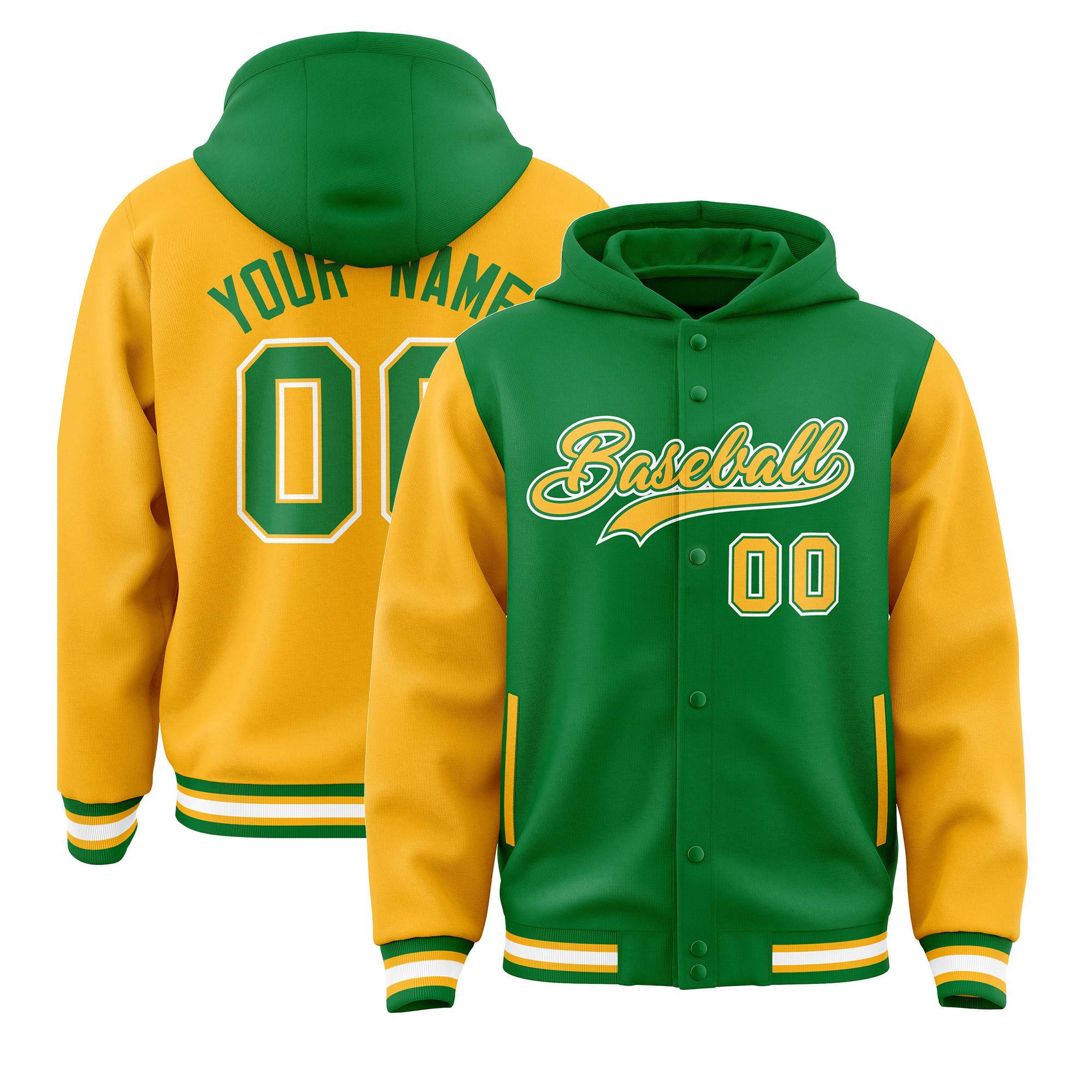 Custom Kelly Green Gold Raglan Sleeves Varsity Full-Snap Letterman Two Tone Jacket Hoodie| KXKSHOP