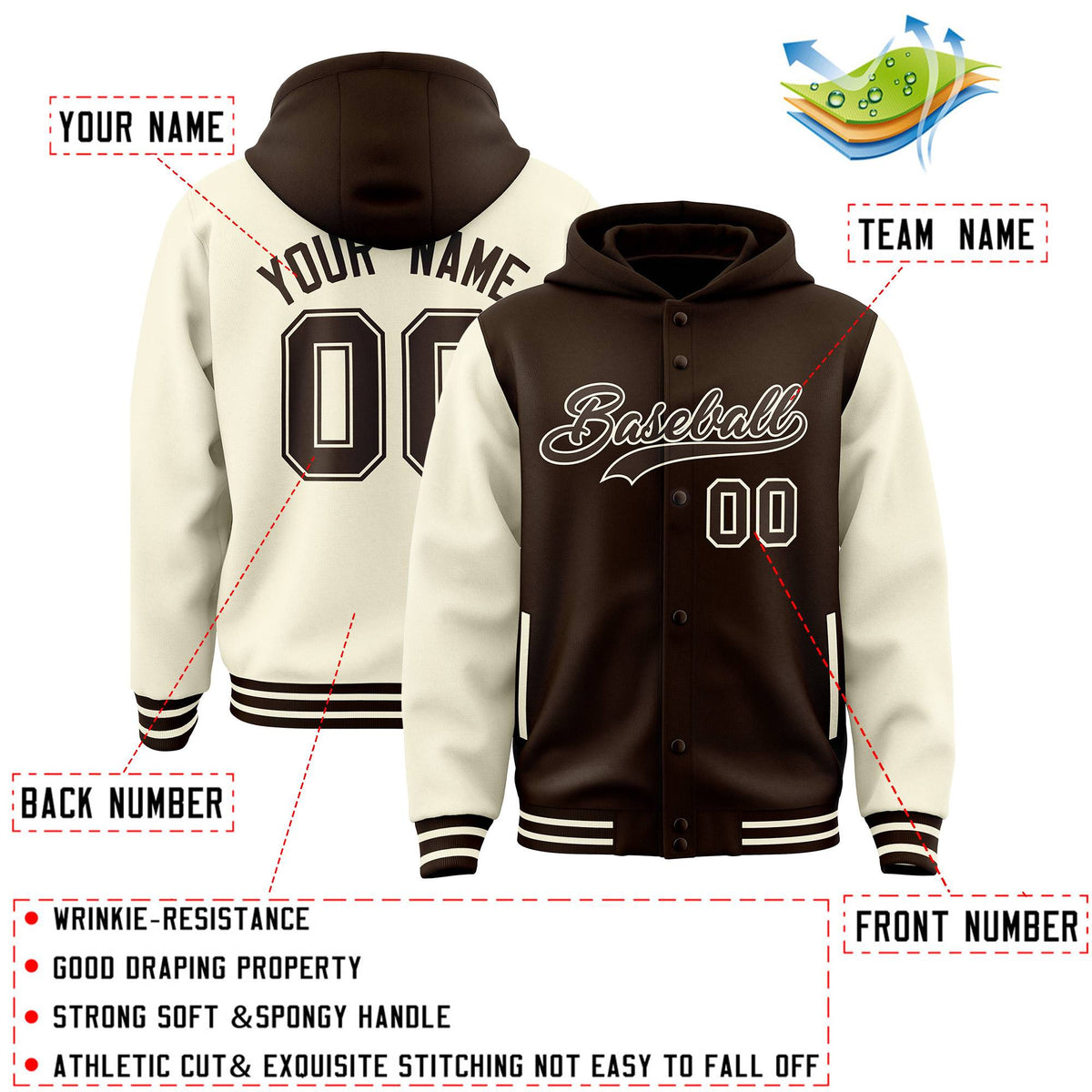 Custom Brown Cream Raglan Sleeves Varsity Full-Snap Letterman Two Tone Jacket Hoodie| KXKSHOP