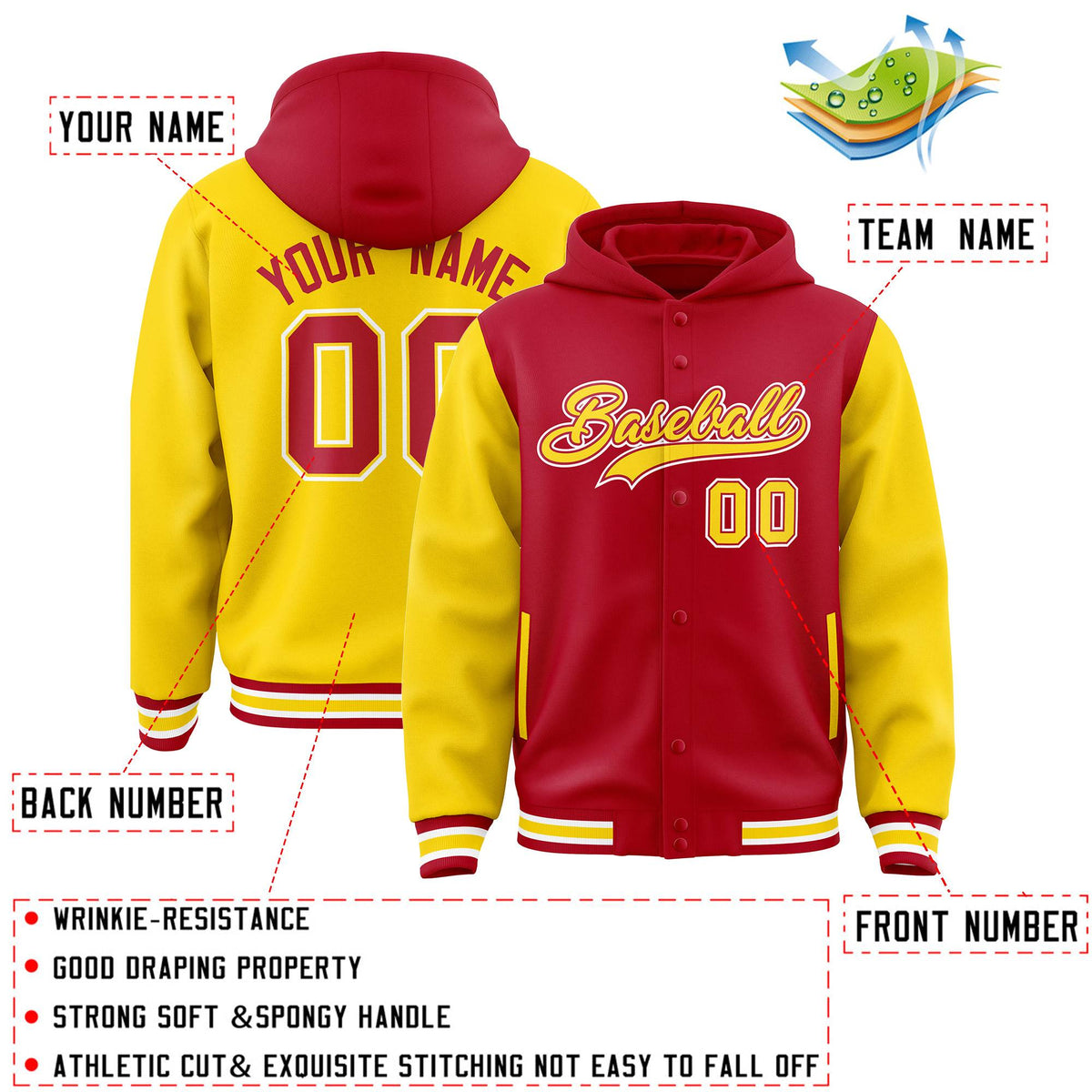 Custom Red Gold Raglan Sleeves Varsity Full-Snap Letterman Two Tone Jacket Hoodie| KXKSHOP