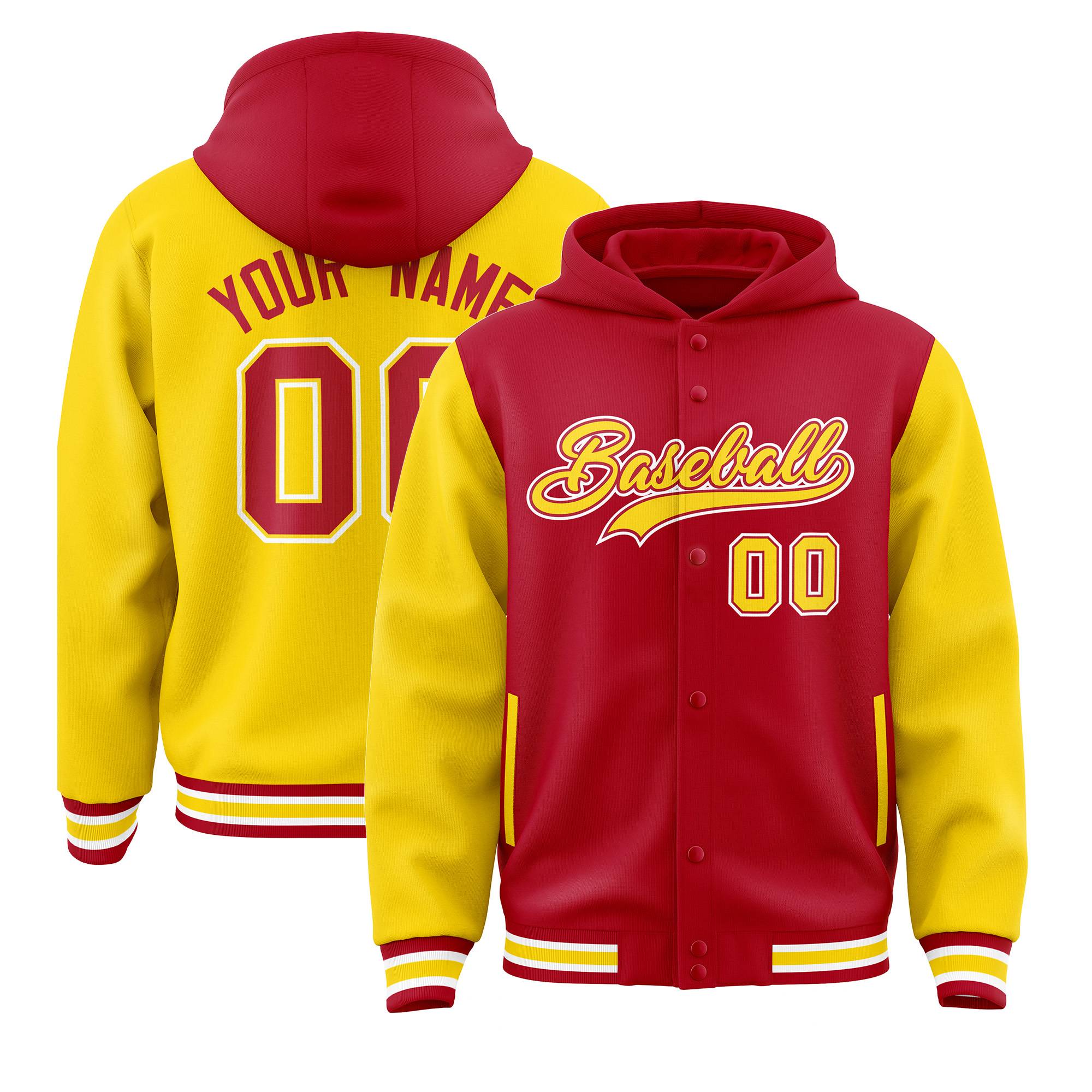 Custom Red Gold Raglan Sleeves Varsity Full-Snap Letterman Two Tone Jacket Hoodie| KXKSHOP