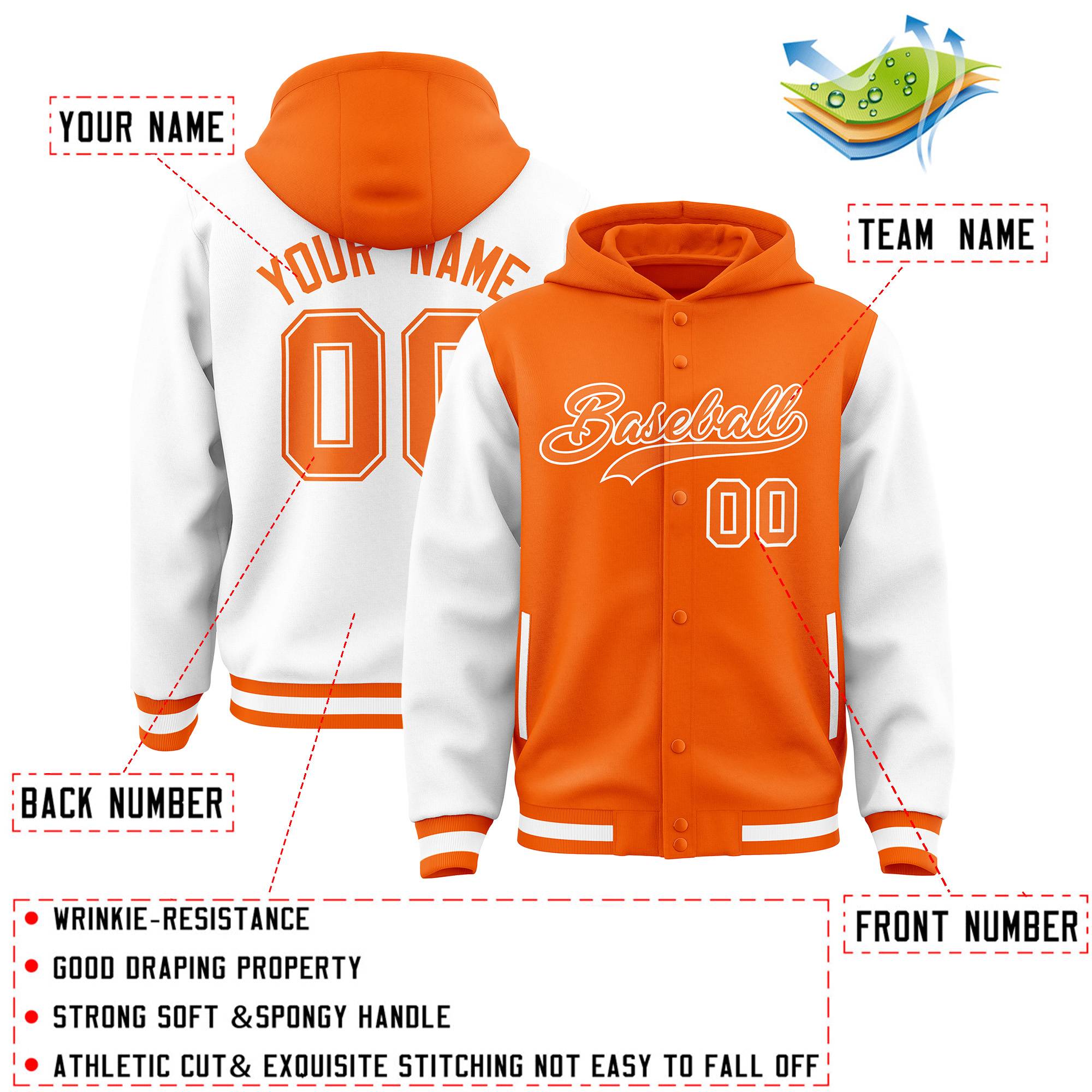 Custom Orange White Raglan Sleeves Varsity Full-Snap Letterman Two Tone Jacket Hoodie| KXKSHOP