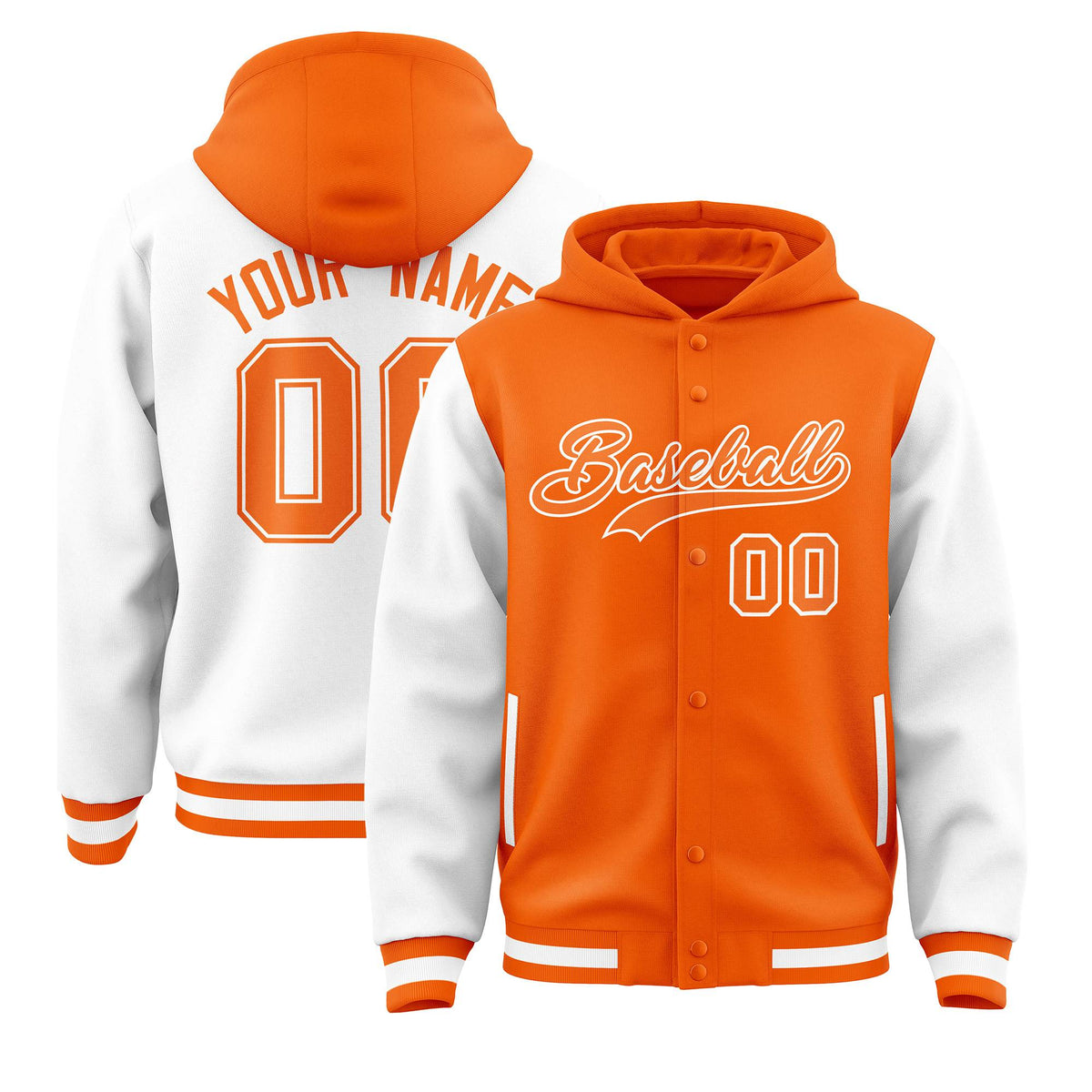 Custom Orange White Raglan Sleeves Varsity Full-Snap Letterman Two Tone Jacket Hoodie| KXKSHOP