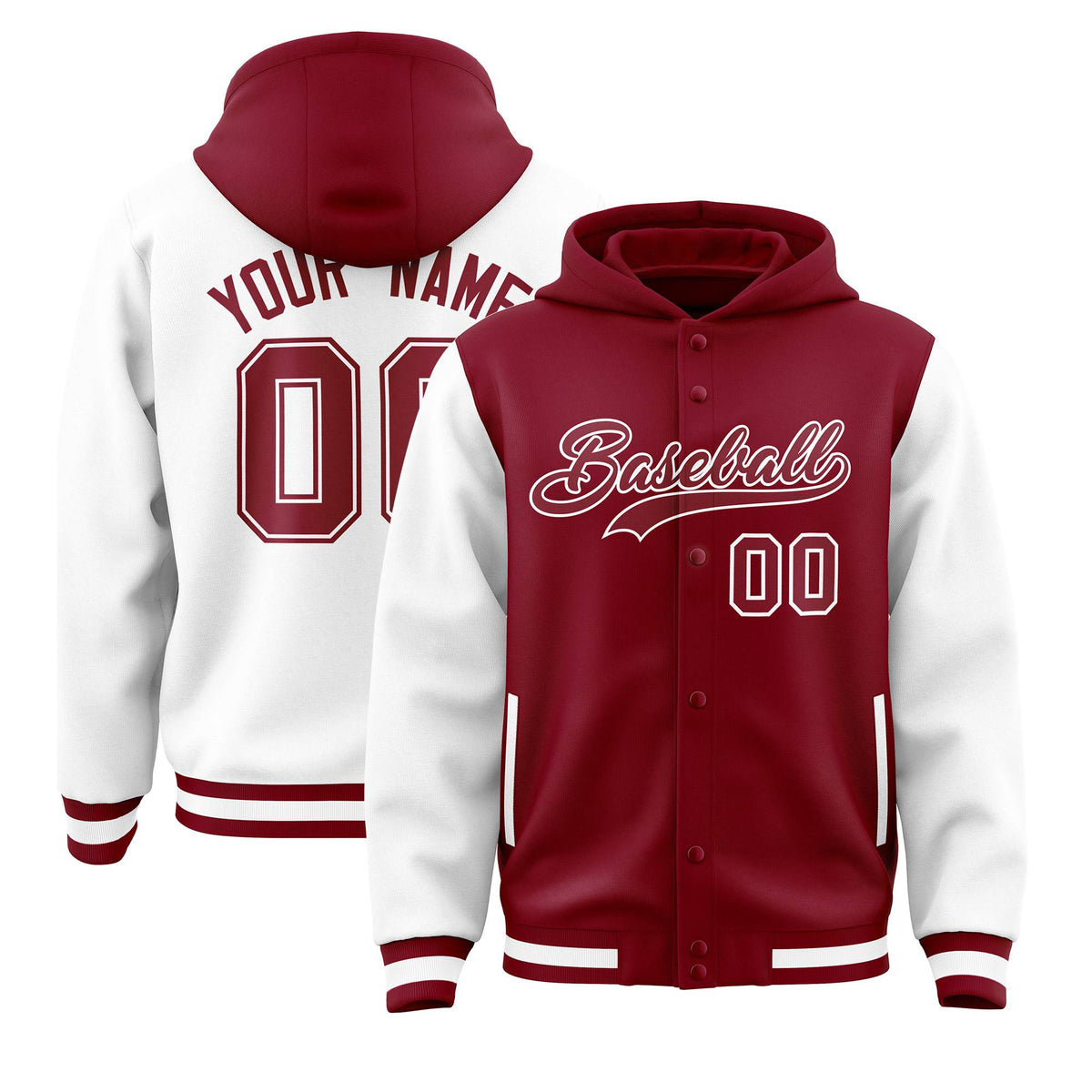 Custom Crimson White Raglan Sleeves Varsity Full-Snap Letterman Two Tone Jacket Hoodie| KXKSHOP