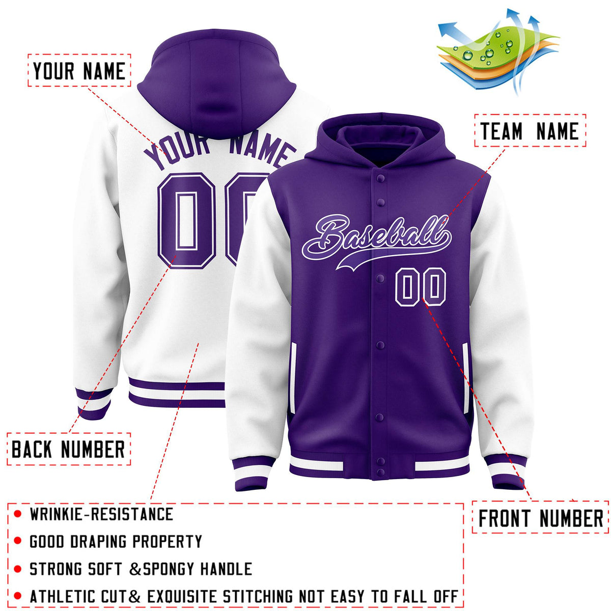 Custom Purple White Raglan Sleeves Varsity Full-Snap Letterman Two Tone Jacket Hoodie| KXKSHOP