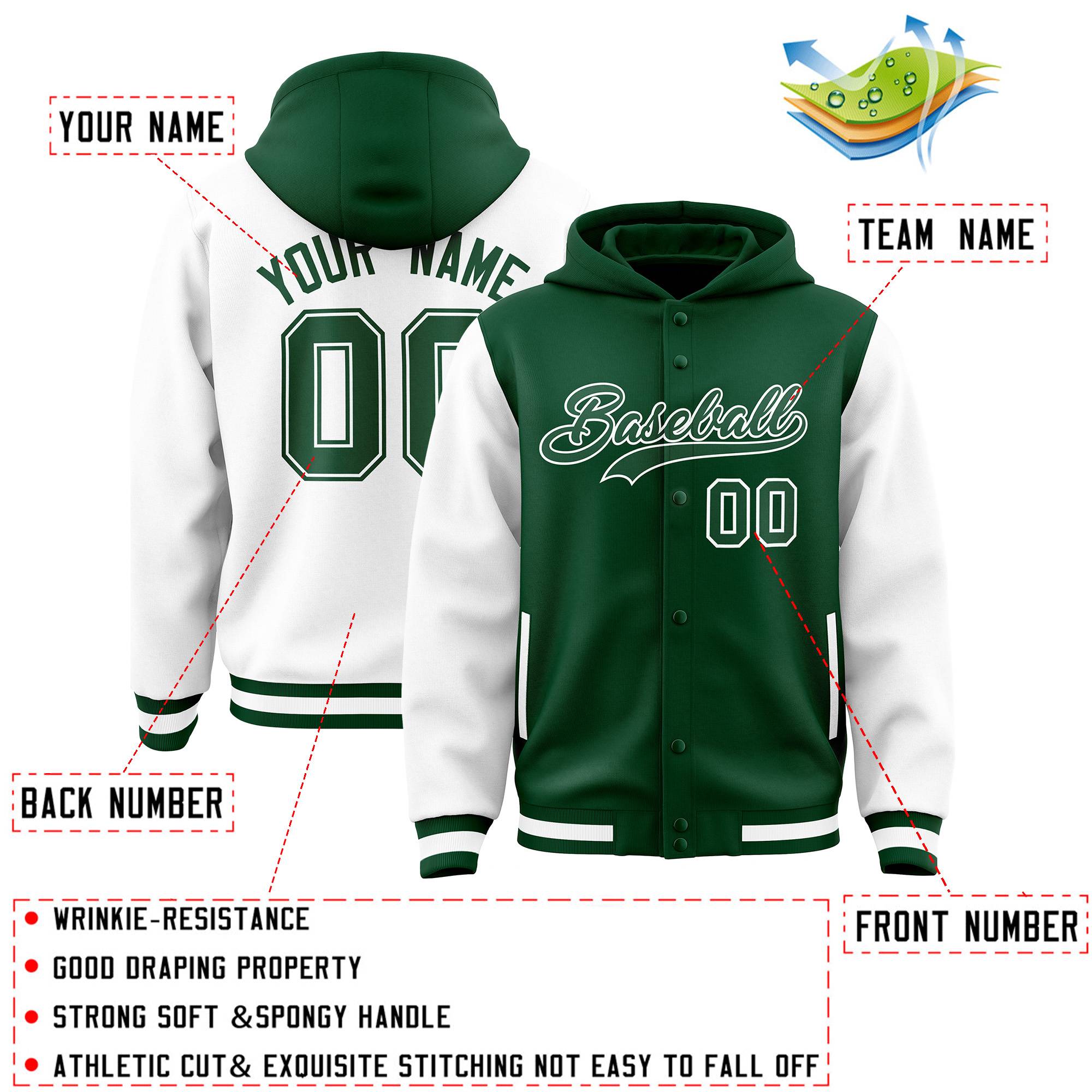 Custom Green White Raglan Sleeves Varsity Full-Snap Letterman Two Tone Jacket Hoodie| KXKSHOP