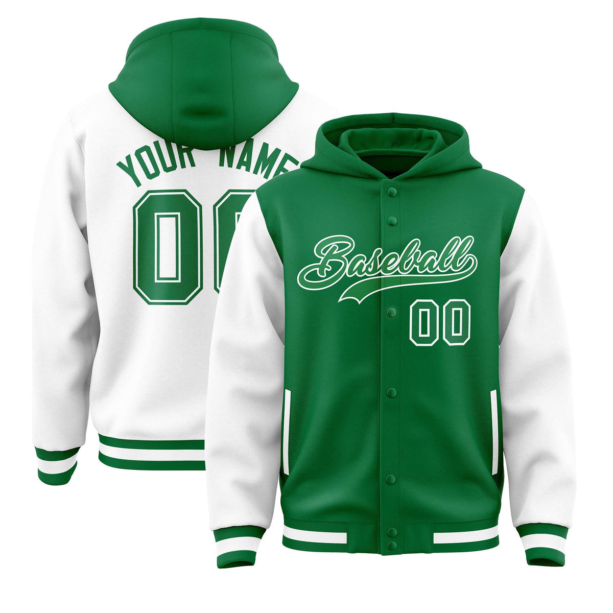 Custom Kelly Green White Raglan Sleeves Varsity Full-Snap Letterman Two Tone Jacket Hoodie| KXKSHOP