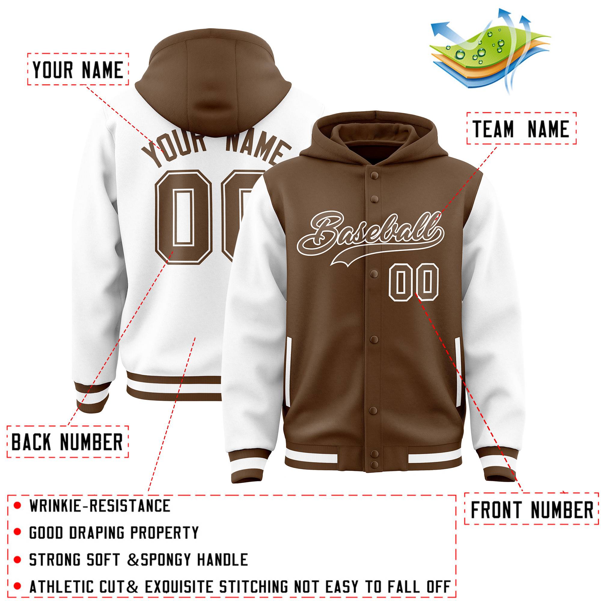 Custom Light Brown White Raglan Sleeves Varsity Full-Snap Letterman Two Tone Jacket Hoodie| KXKSHOP