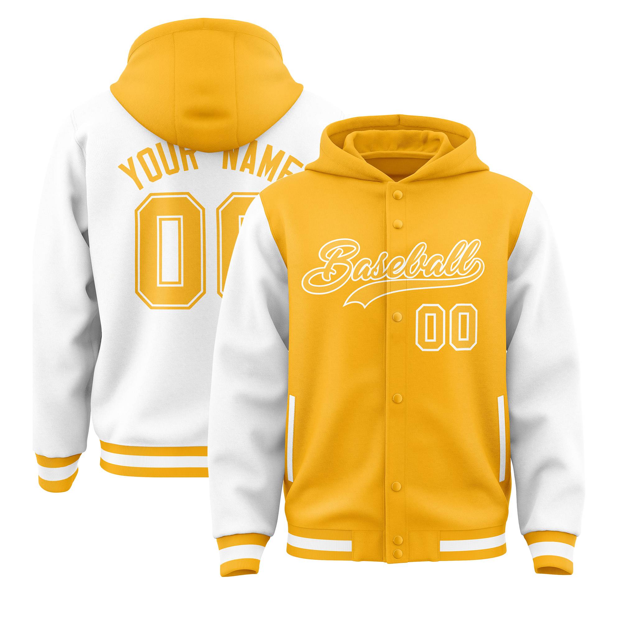 Custom Gold White Raglan Sleeves Varsity Full-Snap Letterman Two Tone Jacket Hoodie| KXKSHOP