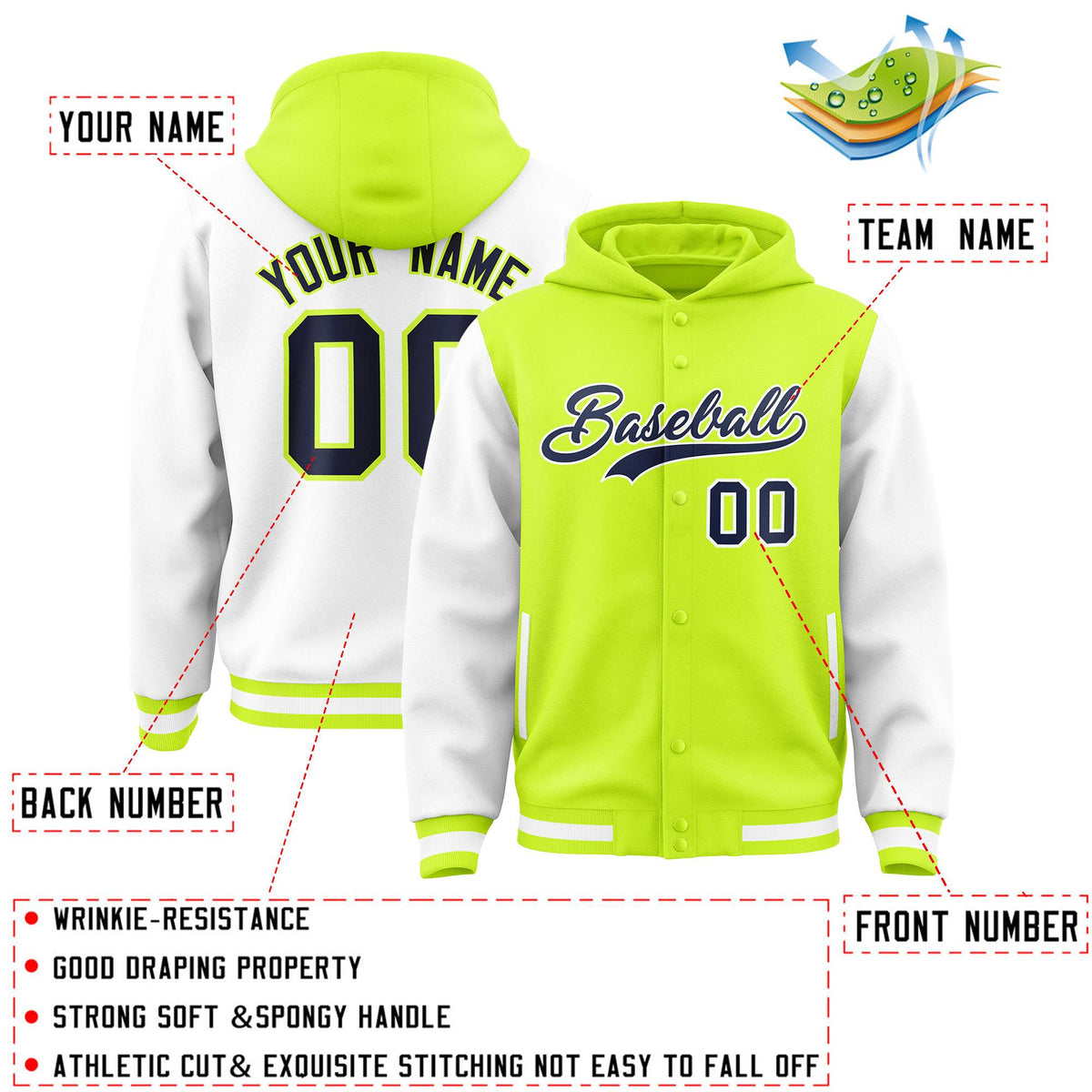 Custom Neon Green White Raglan Sleeves Varsity Full-Snap Letterman Two Tone Jacket Hoodie| KXKSHOP